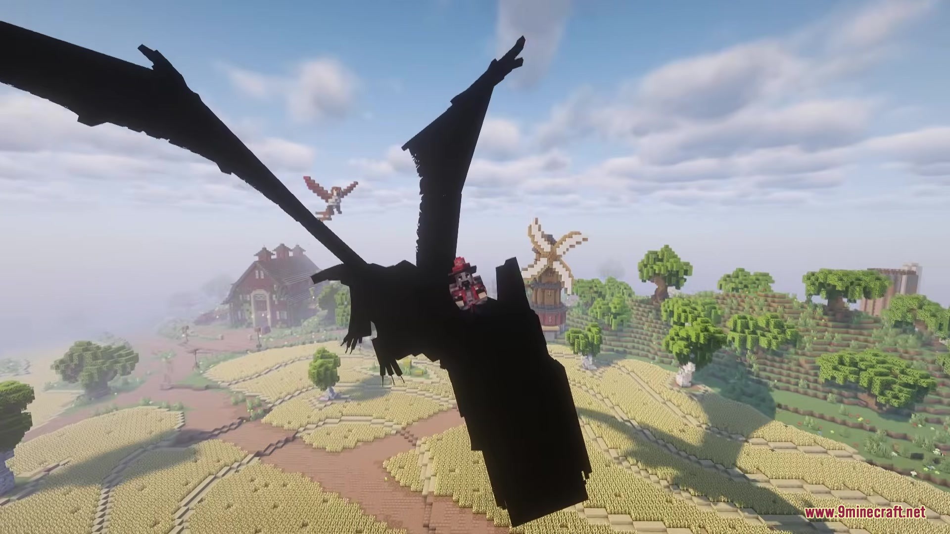 Shadows Z Mod Screenshot 3 A player riding a giant black shadow dragon over a golden wheat field