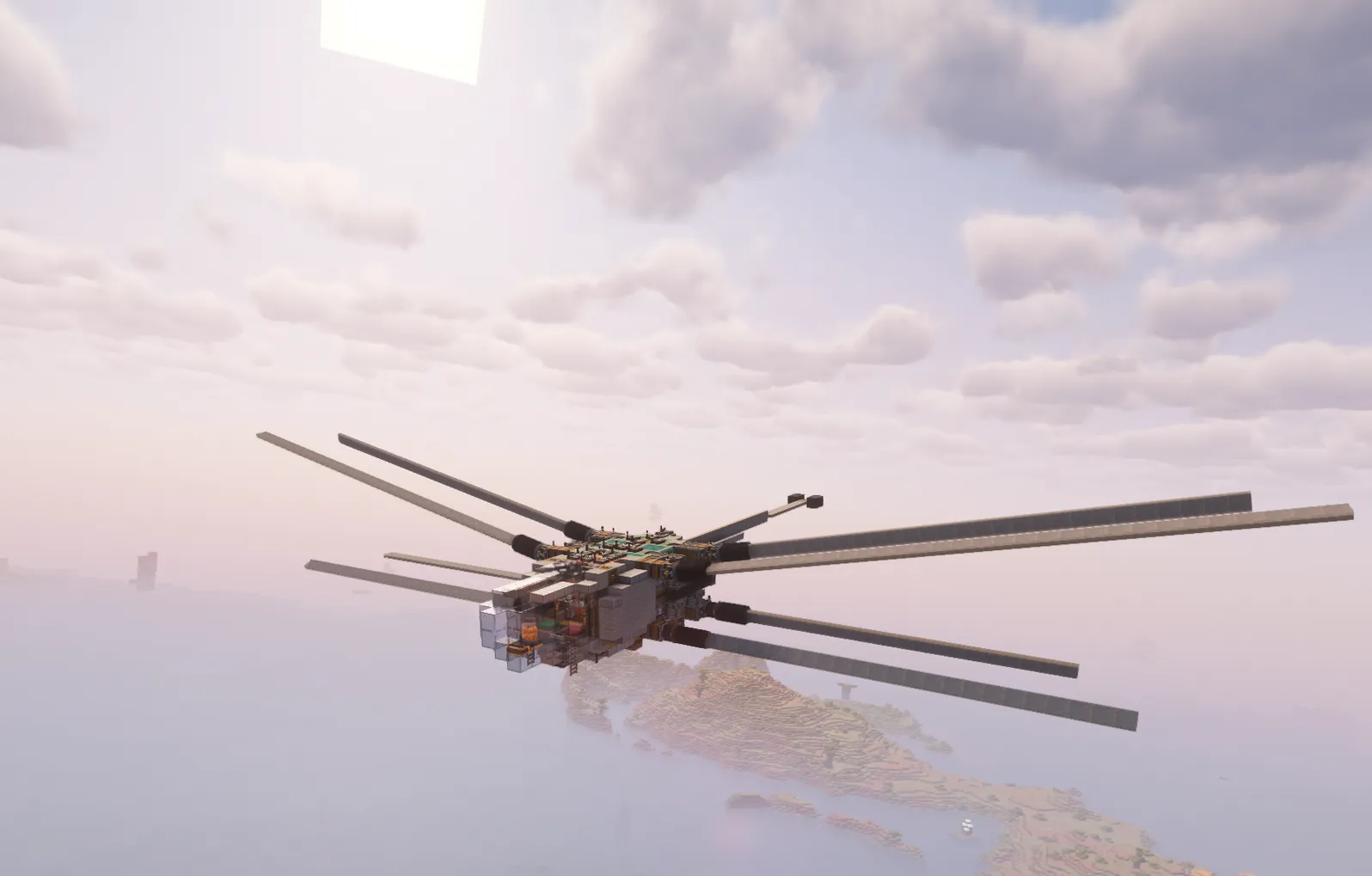 Shai Hulud Prototype Vanilla Survival Friendly Ornithopter Schematic Screenshots 1 Side view of a mechanical flying machine soaring over a Minecraft island