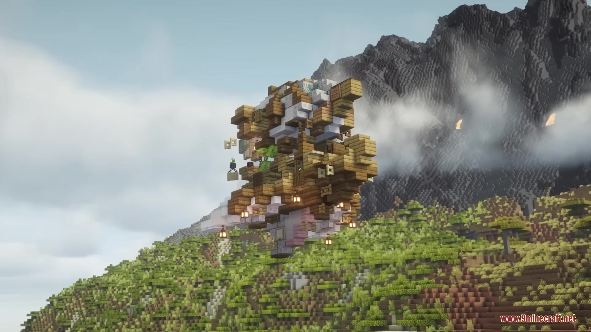 ShellBound for Airship Mod Screenshot 10 A wooden flying ship hovers over a lush green mountain landscape in Minecraft