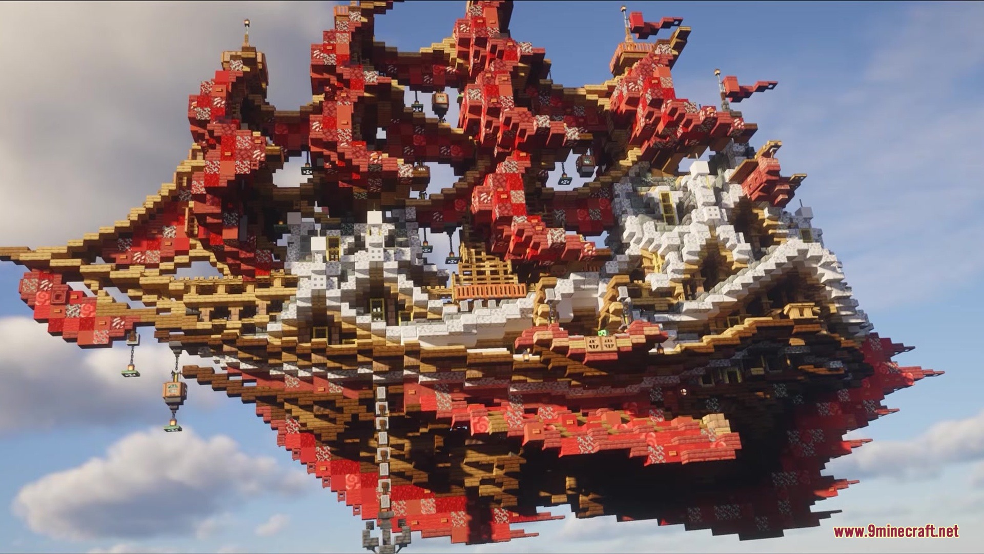 ShellBound for Airship Mod Screenshot 11 A giant ShellBound airship with red sails floats high above the clouds