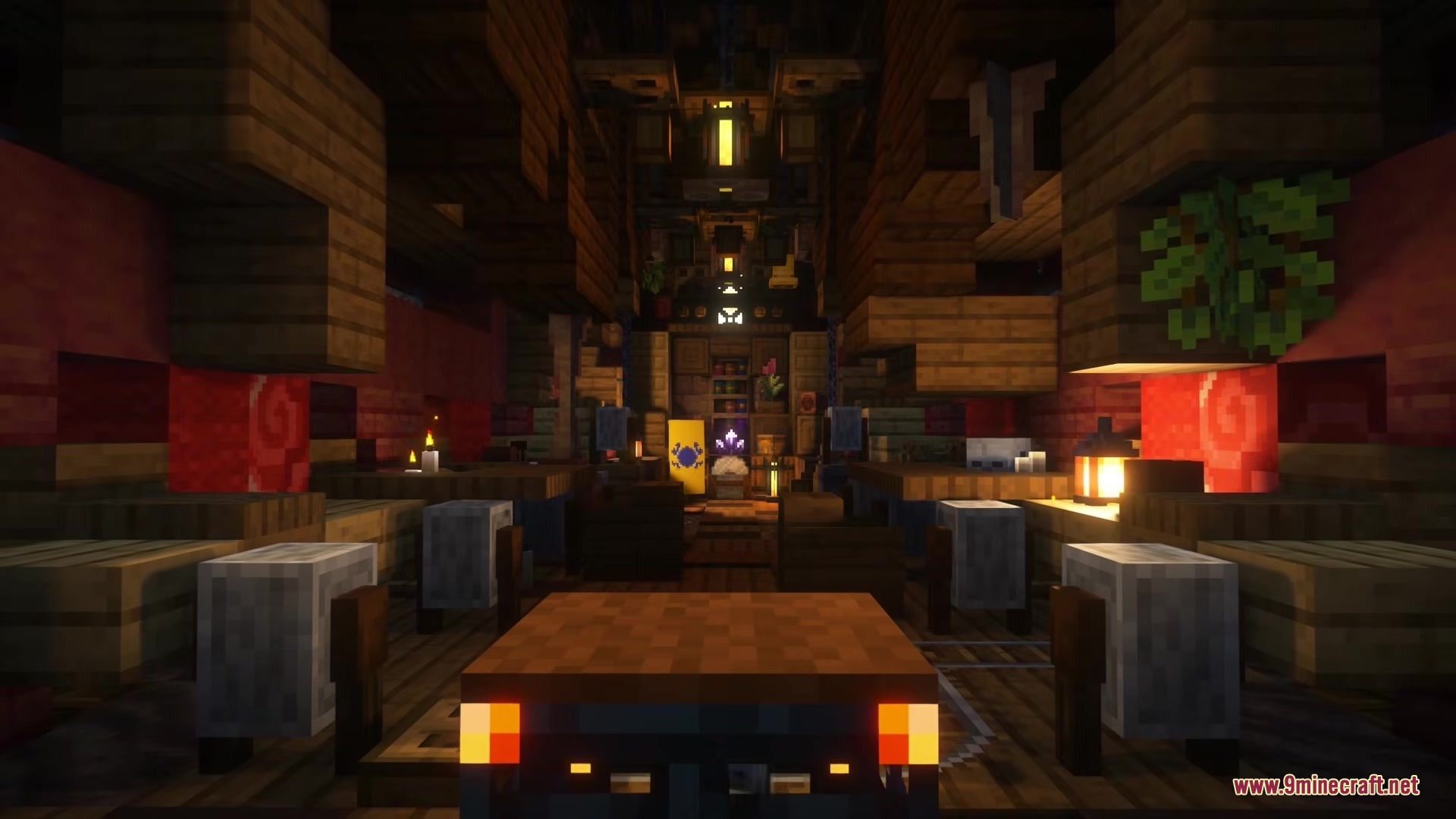 ShellBound for Airship Mod Screenshot 12 Detailed interior of a flying ship cabin with wooden tables and lanterns