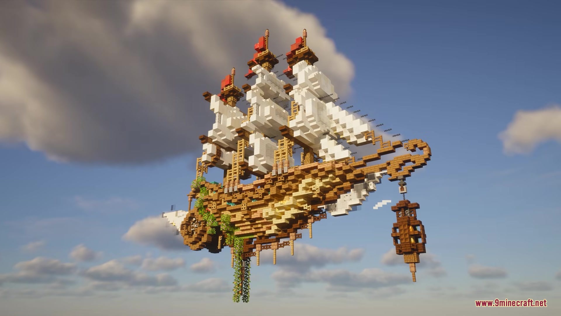 ShellBound for Airship Mod Screenshot 14 A large wooden airship with white sails floating high above the clouds