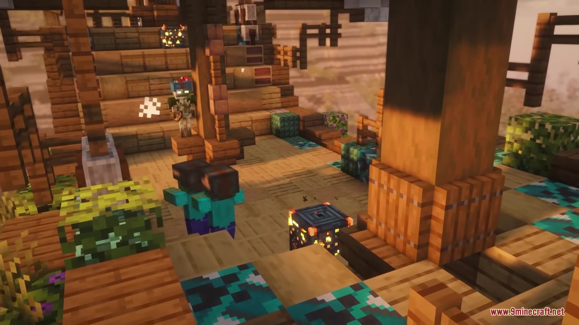 ShellBound for Airship Mod Screenshot 2 Zombies and skeletons guard a mob spawner on a wooden ship deck