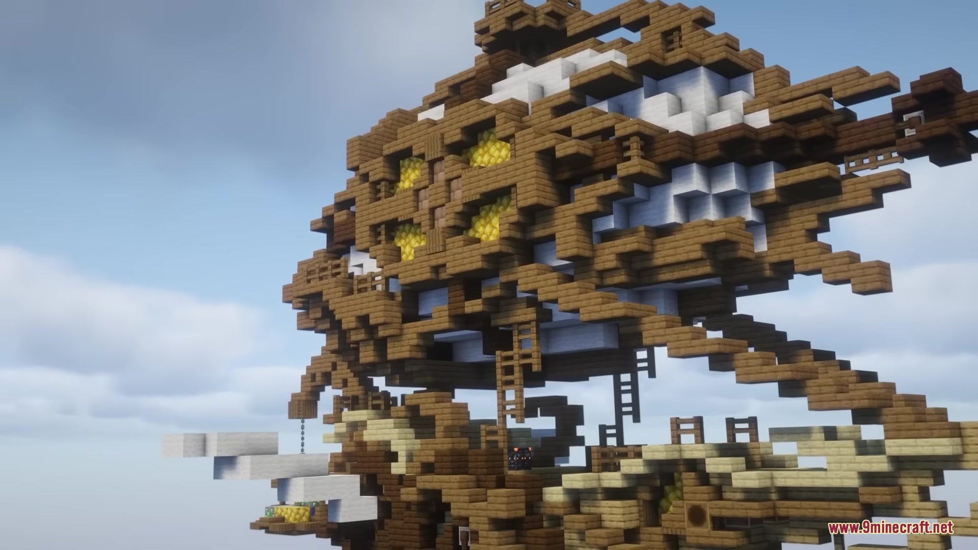 ShellBound for Airship Mod Screenshot 3 A large wooden airship with glowing yellow blocks and white wool accents