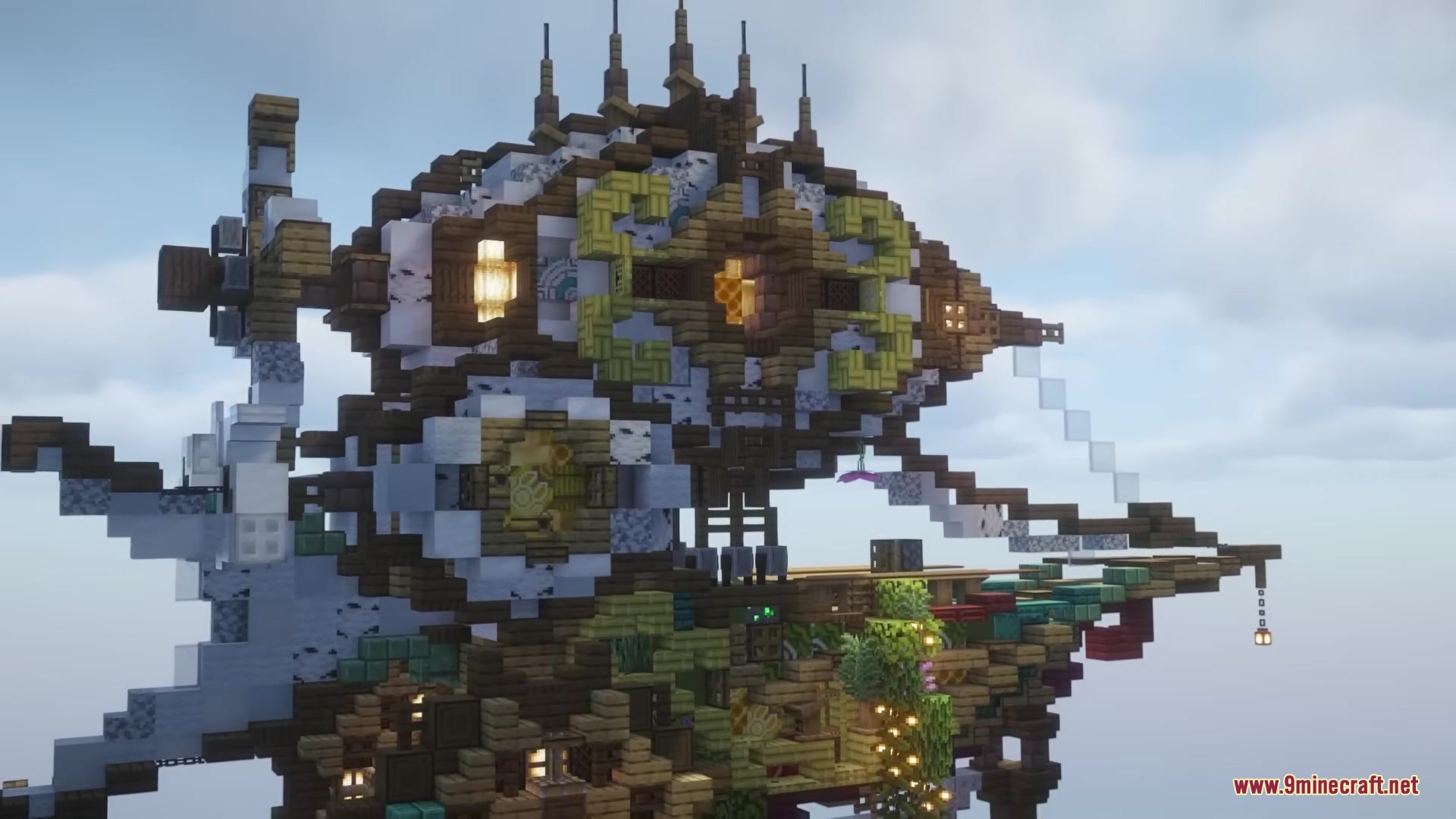ShellBound for Airship Mod Screenshot 4 A detailed flying ship with green accents and lanterns among the clouds
