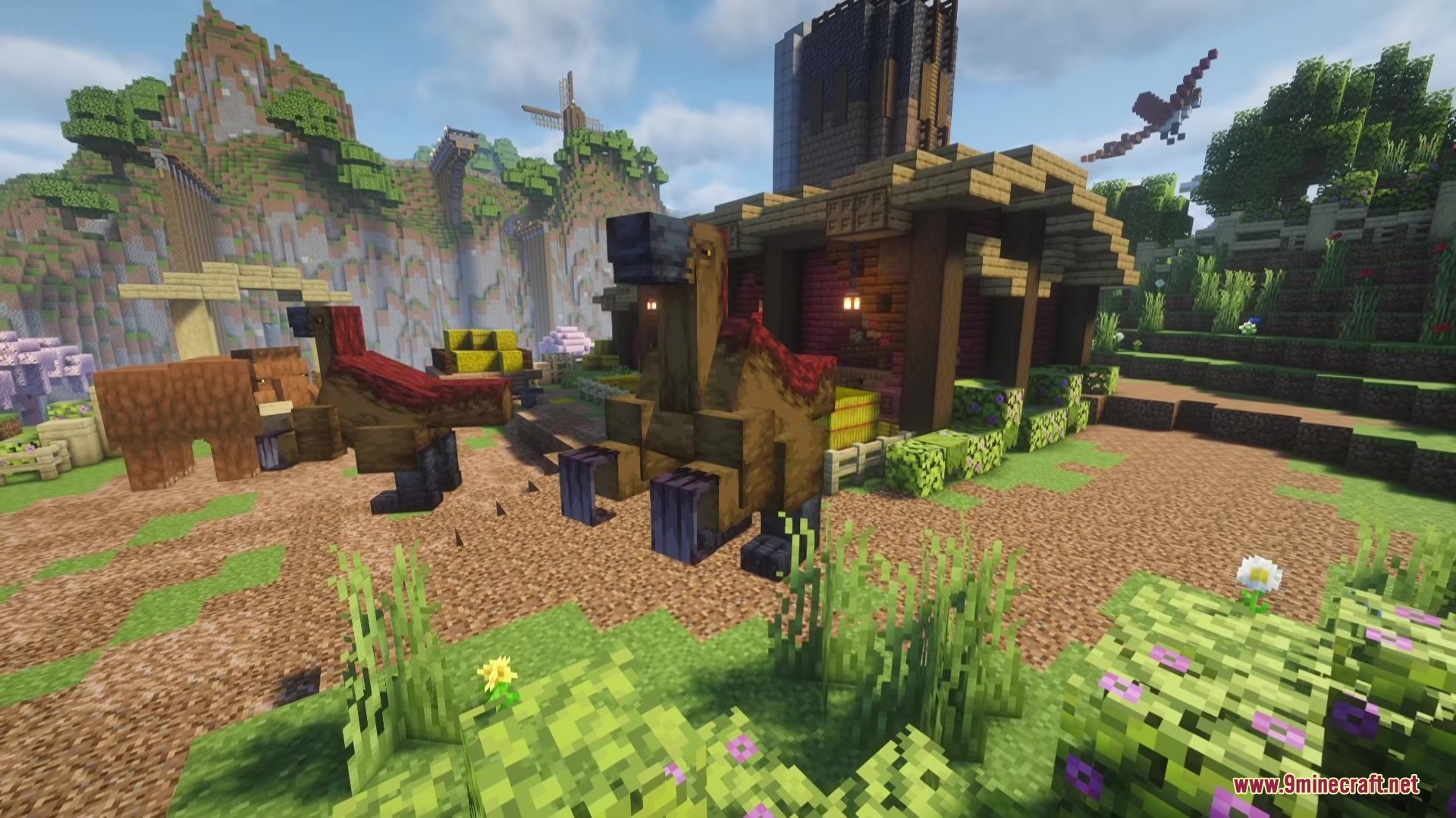 Shinea L's Prehistoric Expansion Mod Screenshot 2 Two Terror Birds stand near a wooden building in a hilly landscape