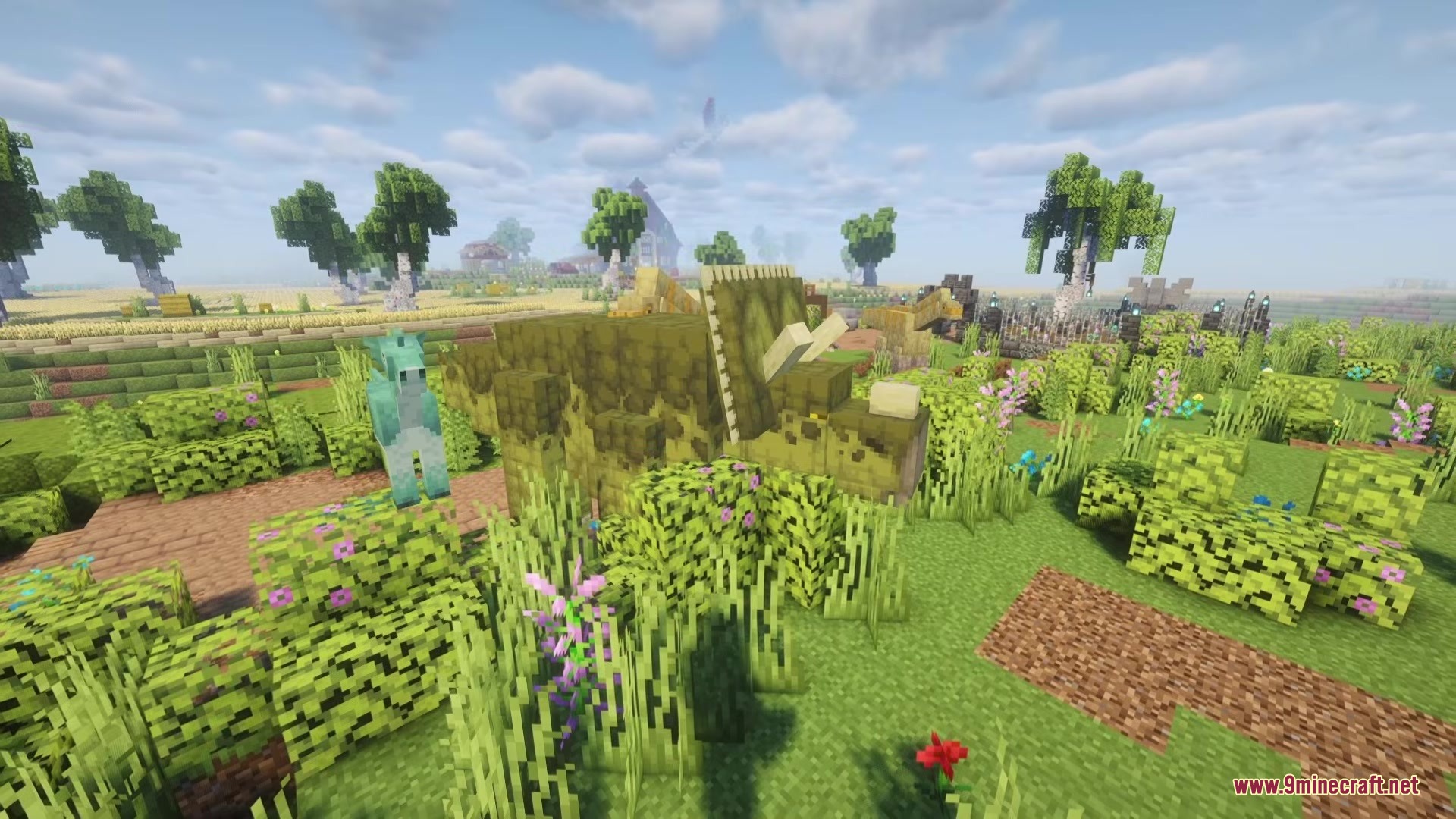 Shinea L's Prehistoric Expansion Mod Screenshot 5 A green Triceratops standing in a lush grassy field with colorful flowers