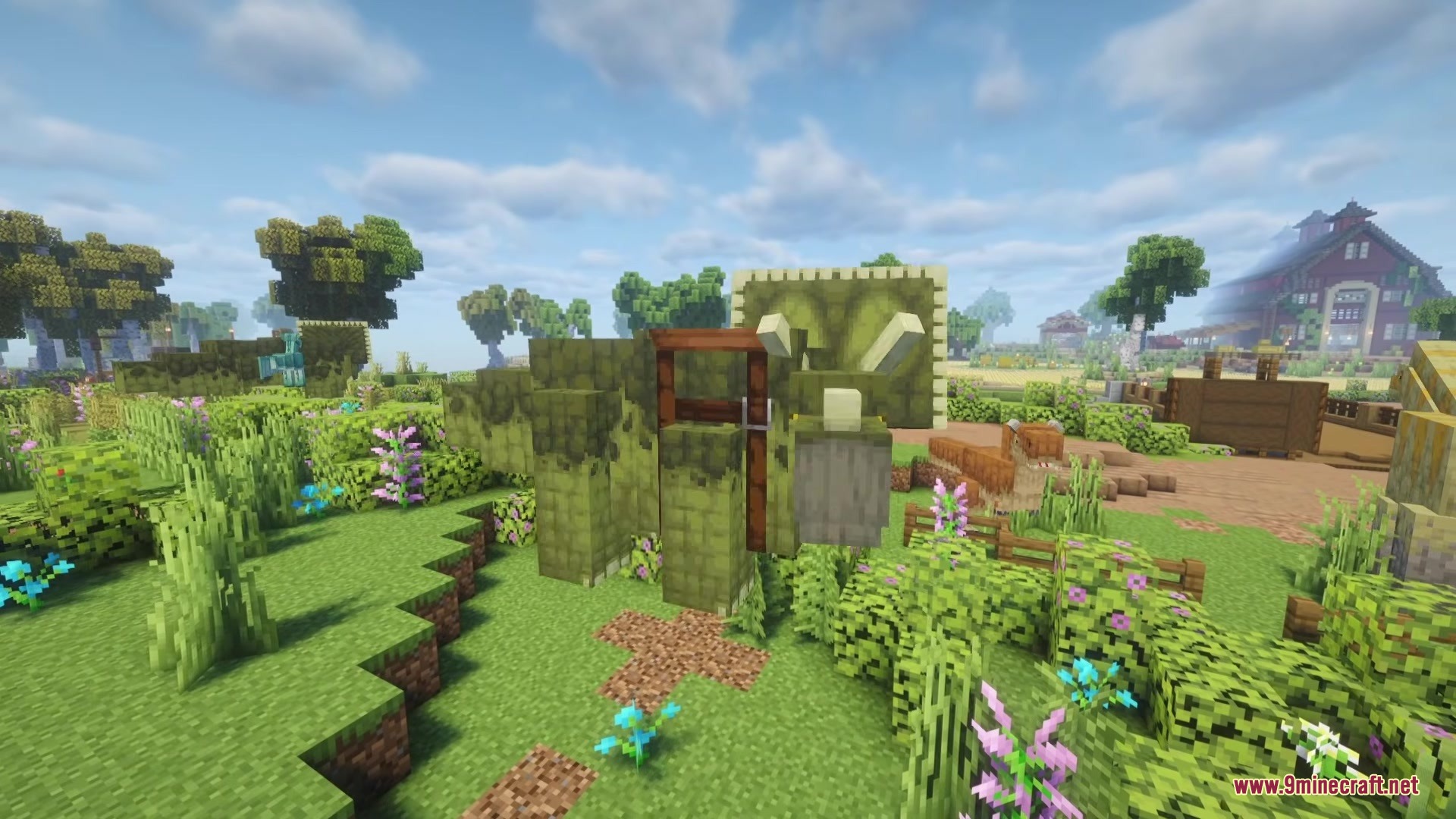 Shinea L's Prehistoric Expansion Mod Screenshot 7 A green Triceratops stands in a lush Minecraft field with colorful flowers