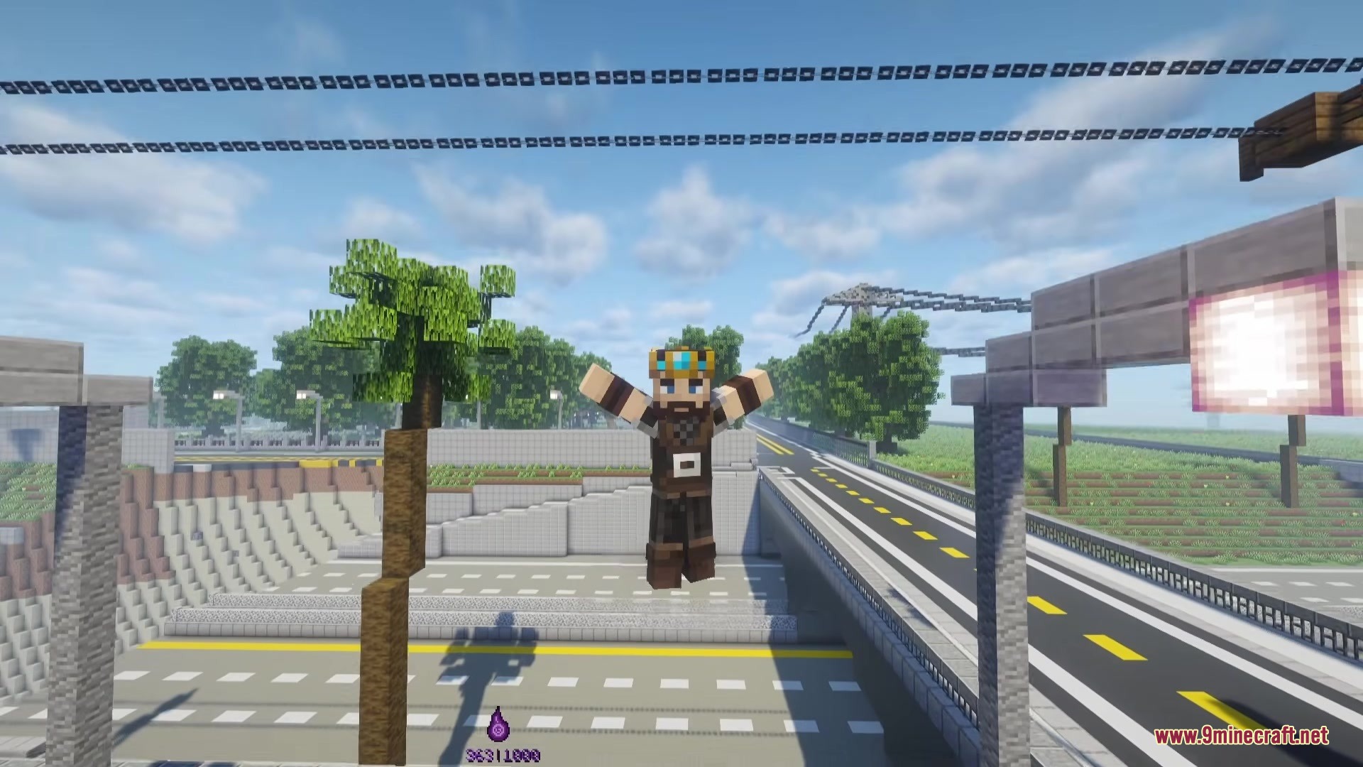 A Minecraft player wearing a crown flies high above a city road