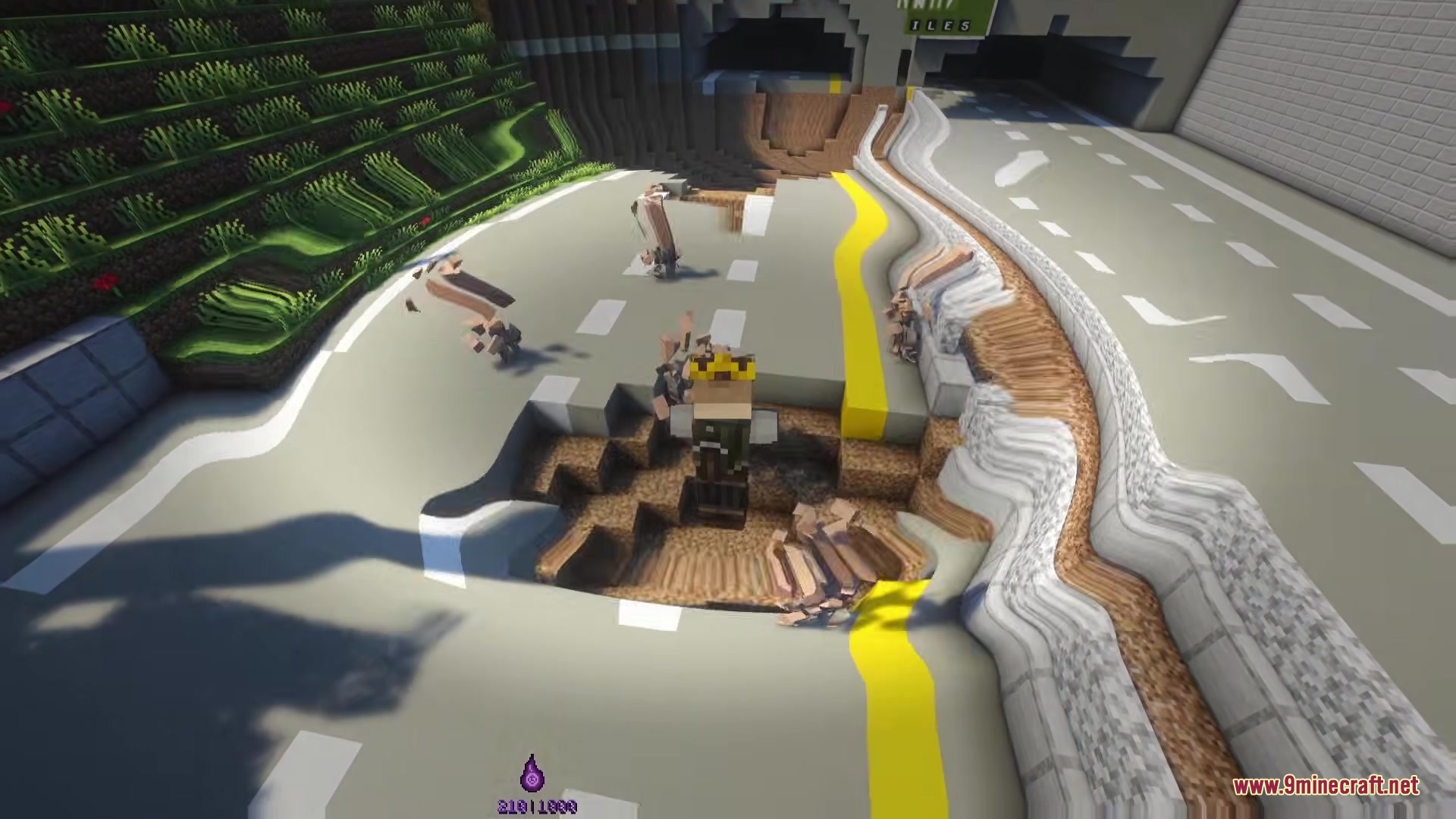 A powerful gravity push attack creates a massive crater on the road
