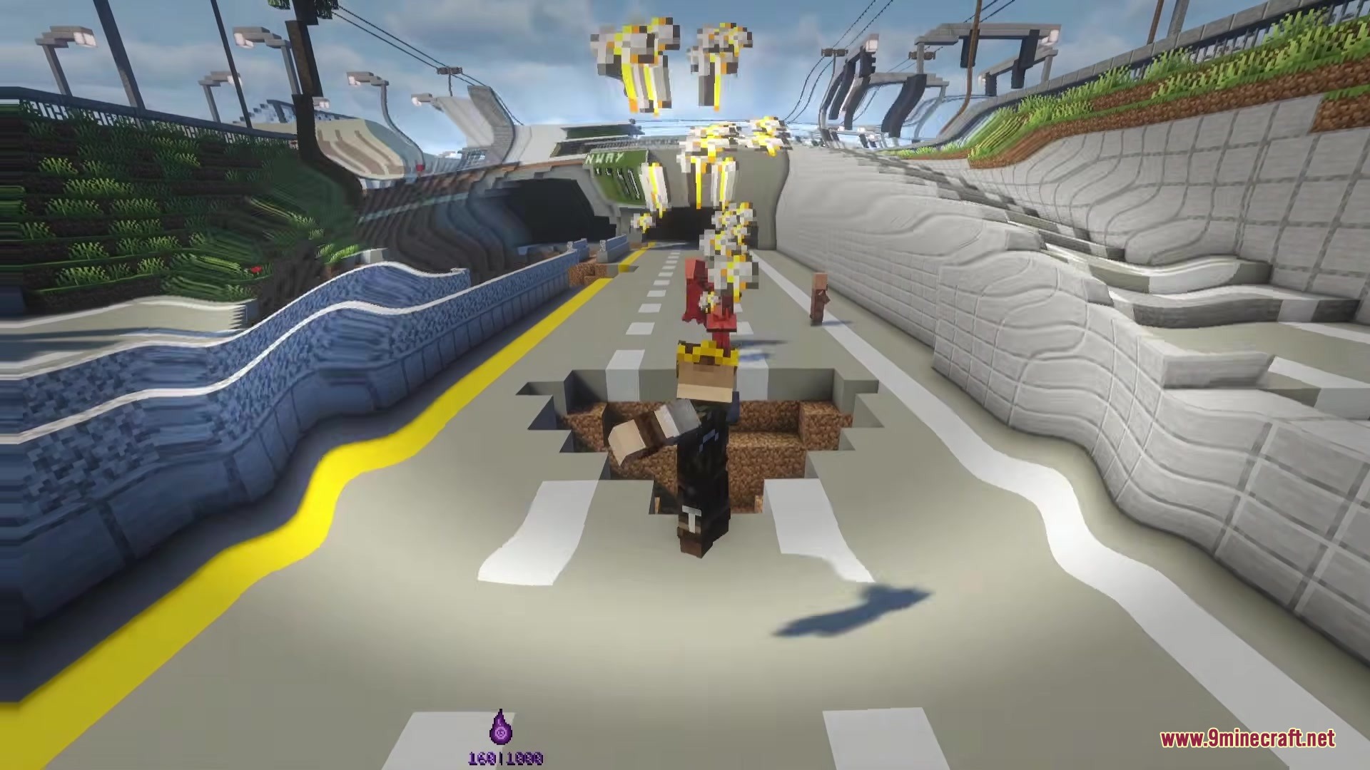 A player character standing in a large crater created by a gravity blast