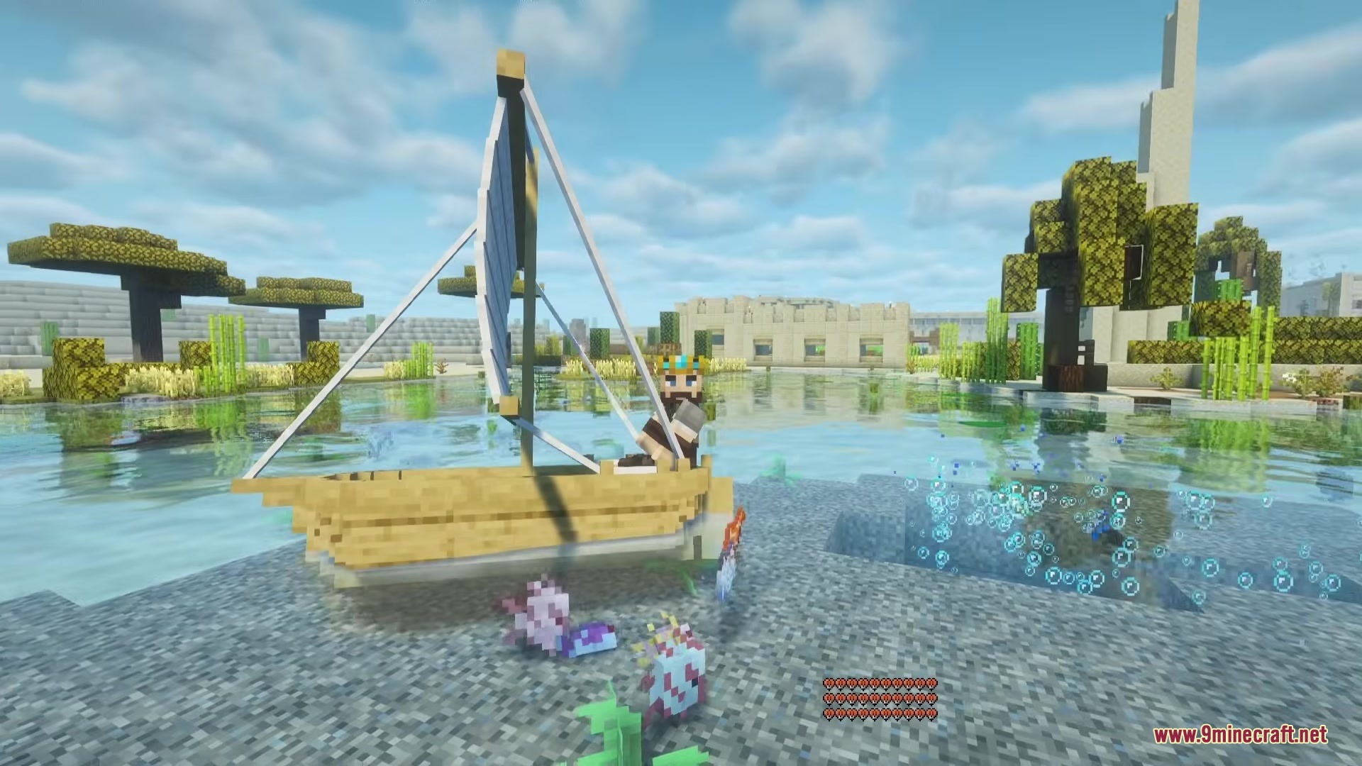 Shippy Ships Mod Screenshot 3 A player wearing a crown sits in a small sailboat near colorful axolotls