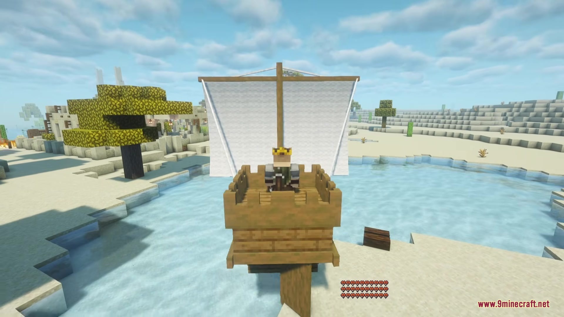 Shippy Ships Mod Screenshot 6 A player wearing a crown steering a wooden ship with white sails