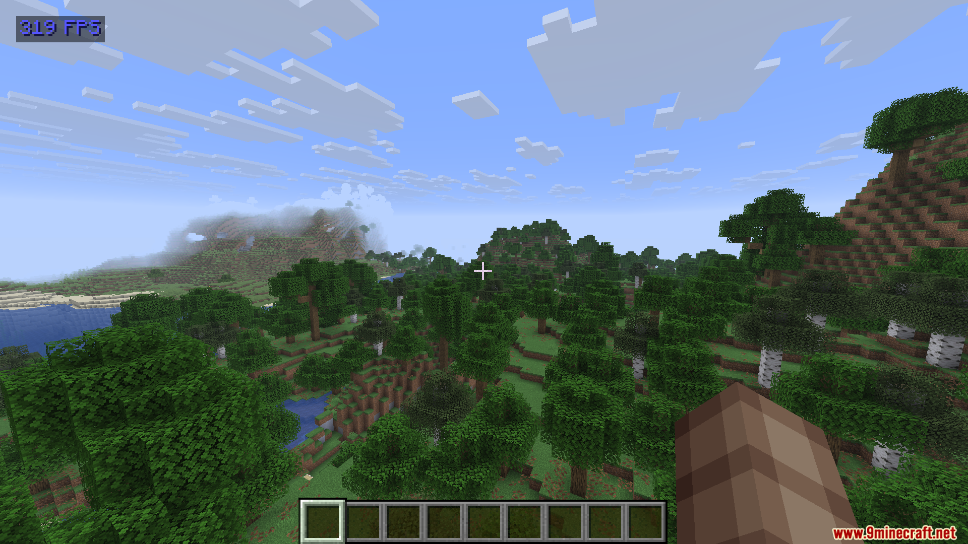 Show FPS Mod Screenshot 6 Overlooking a green forest with a high frame rate indicator visible