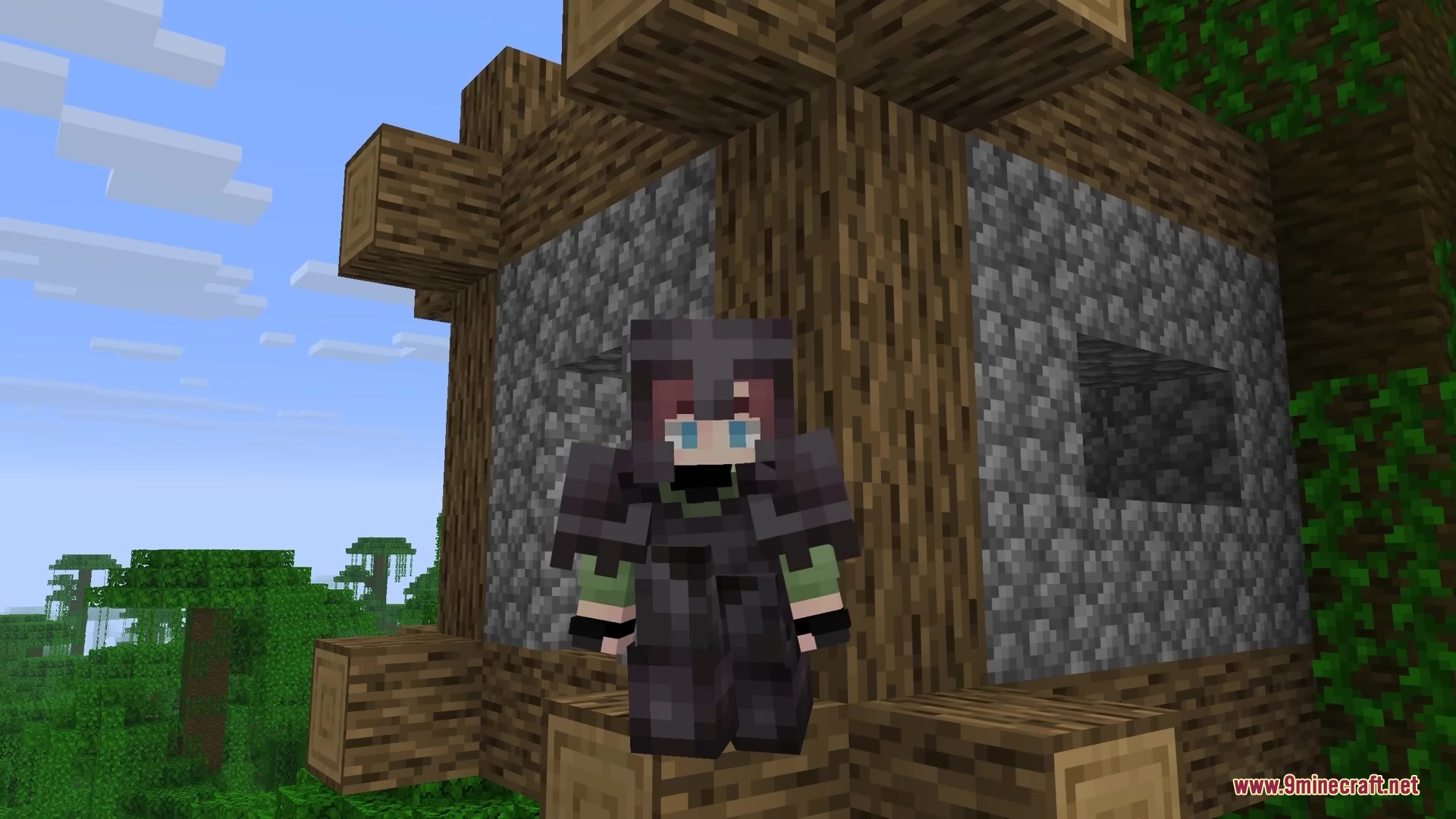 Shulker Peek Mod Screenshot 7 A player wearing netherite armor standing in front of a small house