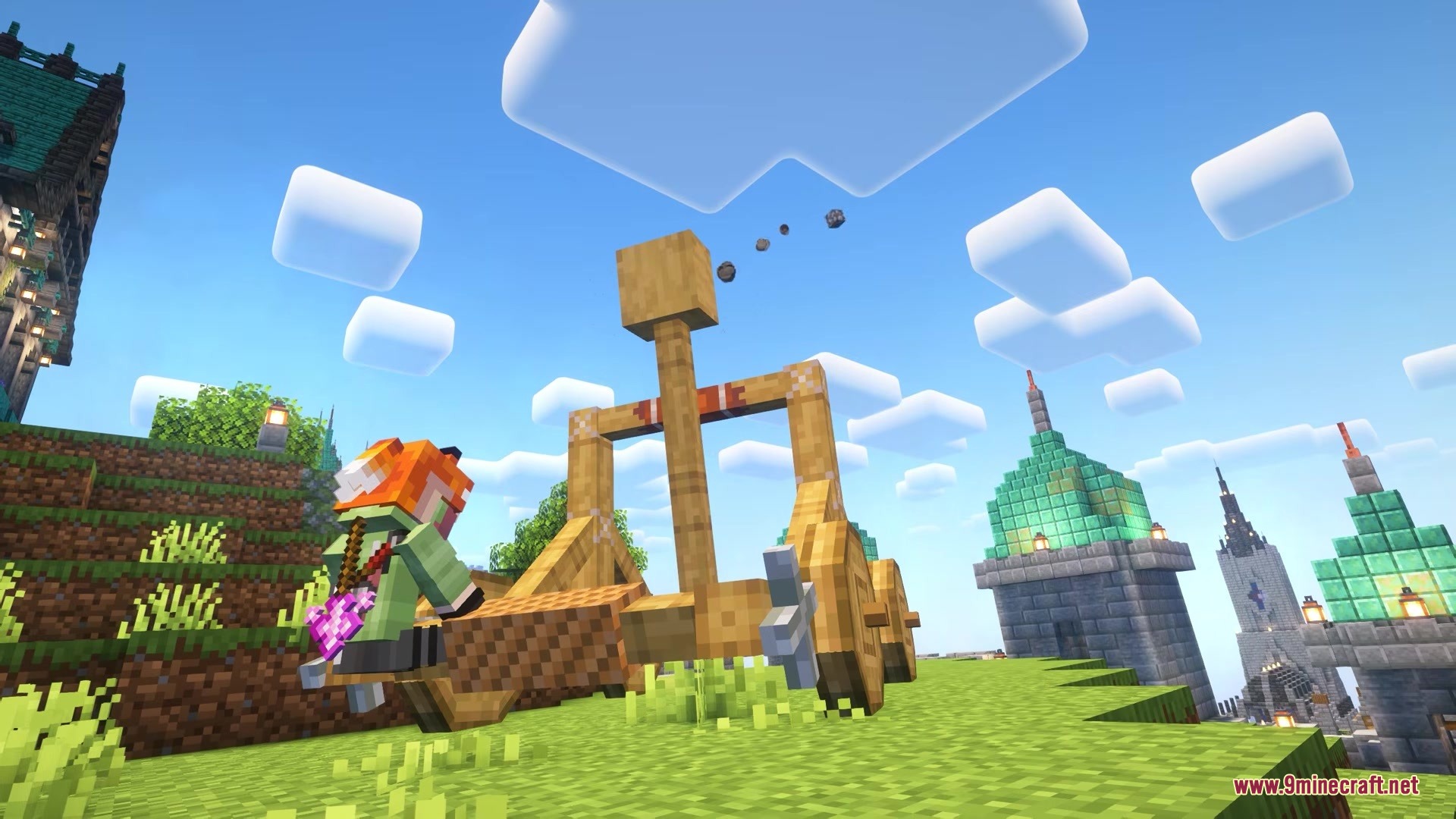 Siegeweapons Mod Screenshot 3 Player character operating a wooden catapult to launch projectiles into the sky