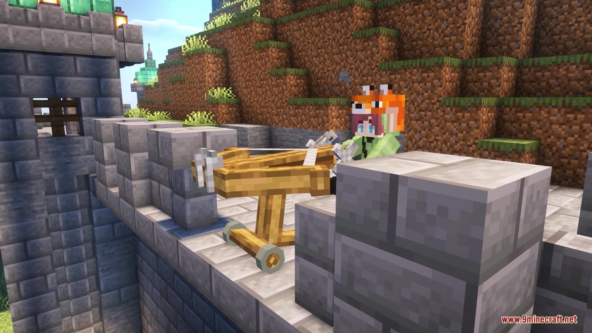 Siegeweapons Mod Screenshot 5 A player wearing a fox hat operates a ballista on a castle wall