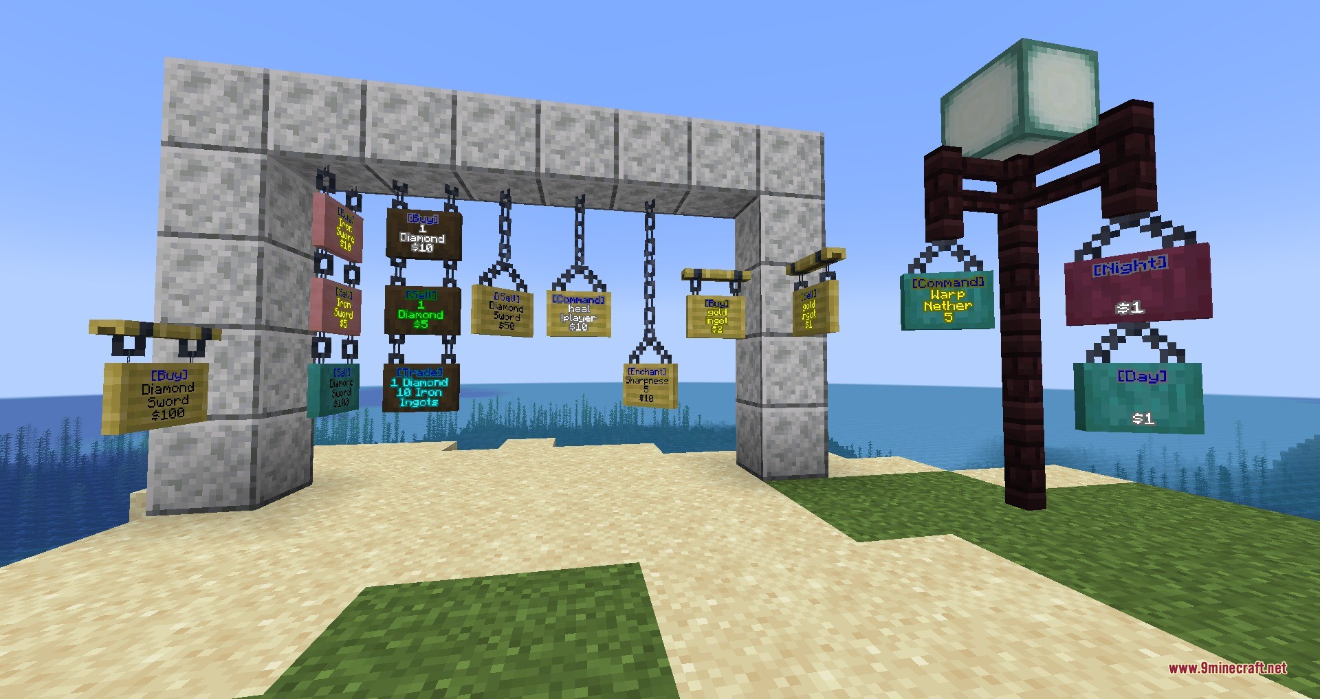 Colorful hanging signs for buying and selling items in a Minecraft market