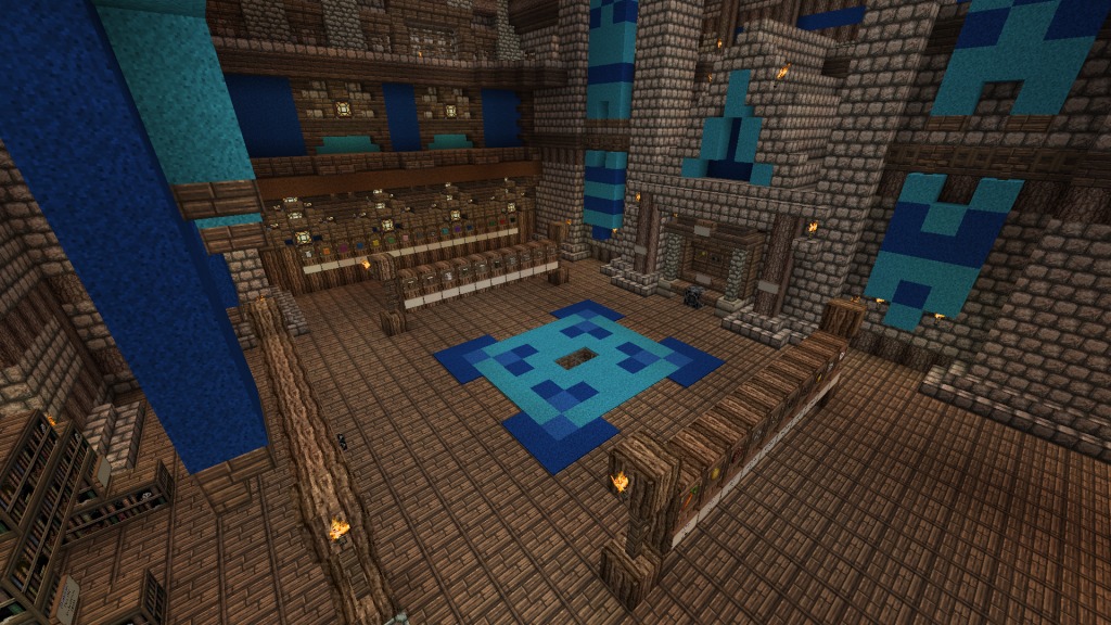 Large Minecraft shop interior with wooden counters and blue wall decorations