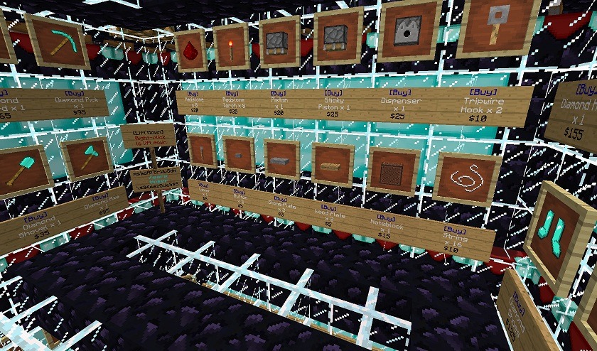 A Minecraft shop interior with item frames and signs for buying various goods