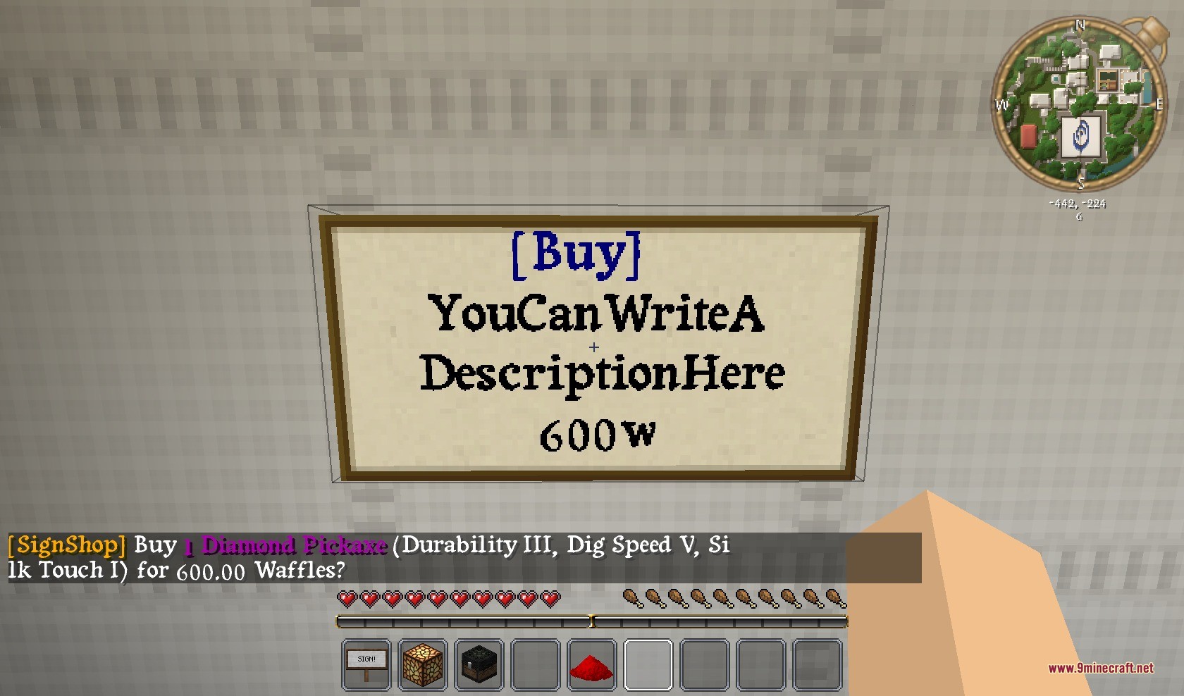 A close up of a shop sign used to purchase a diamond pickaxe