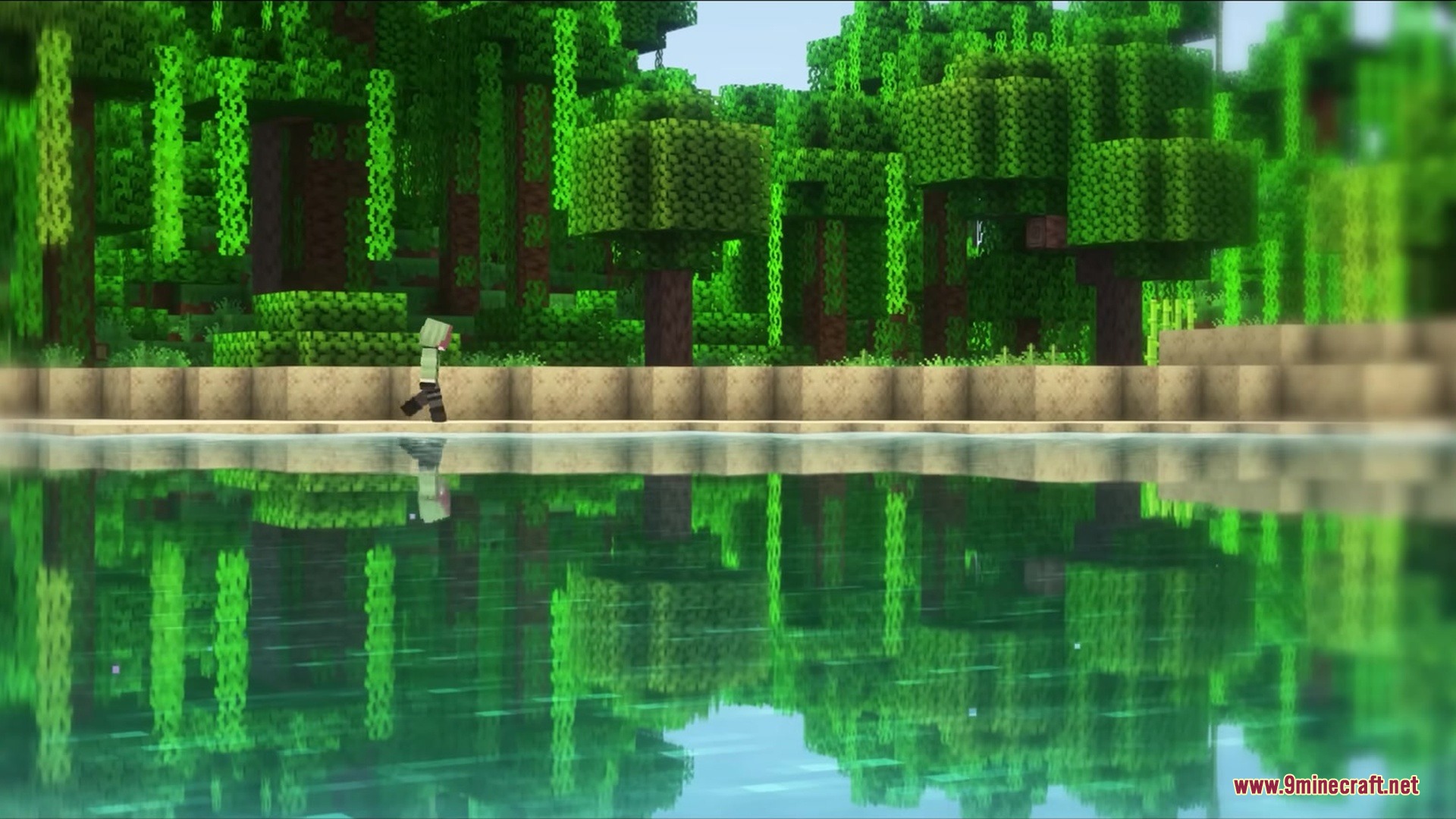 Silly Moves Resource Pack Screenshot 1 A Minecraft character walks along a sandy shore with a clear water reflection