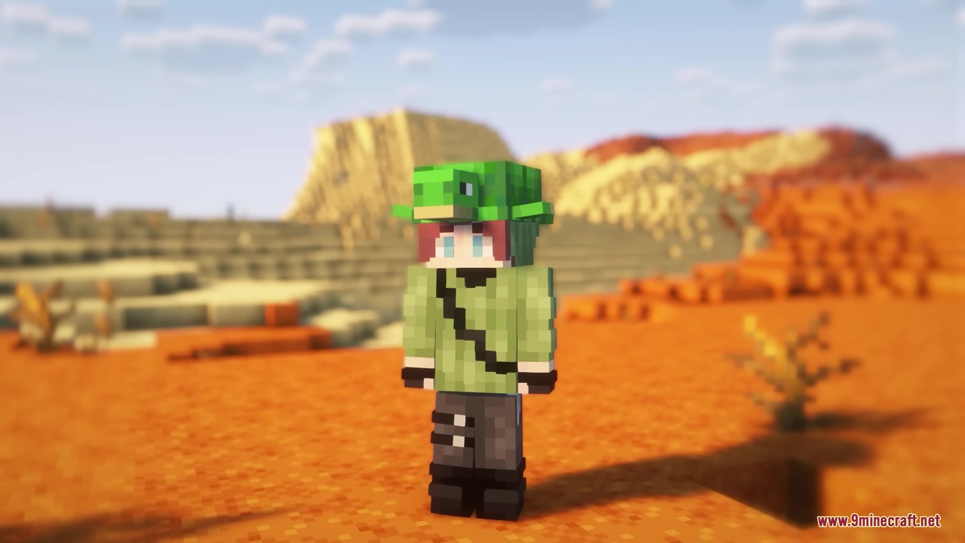 Silly Moves Resource Pack Screenshot 10 Minecraft player wearing a turtle hat standing in a bright badlands desert landscape