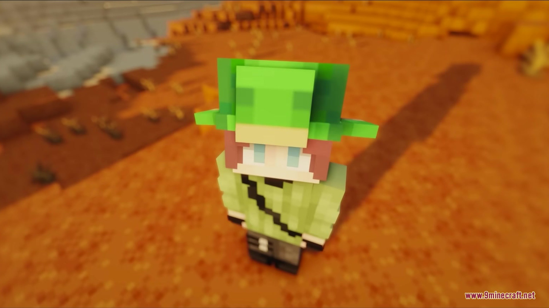 Silly Moves Resource Pack Screenshot 11 A Minecraft character wearing a green hat standing in a red sand desert