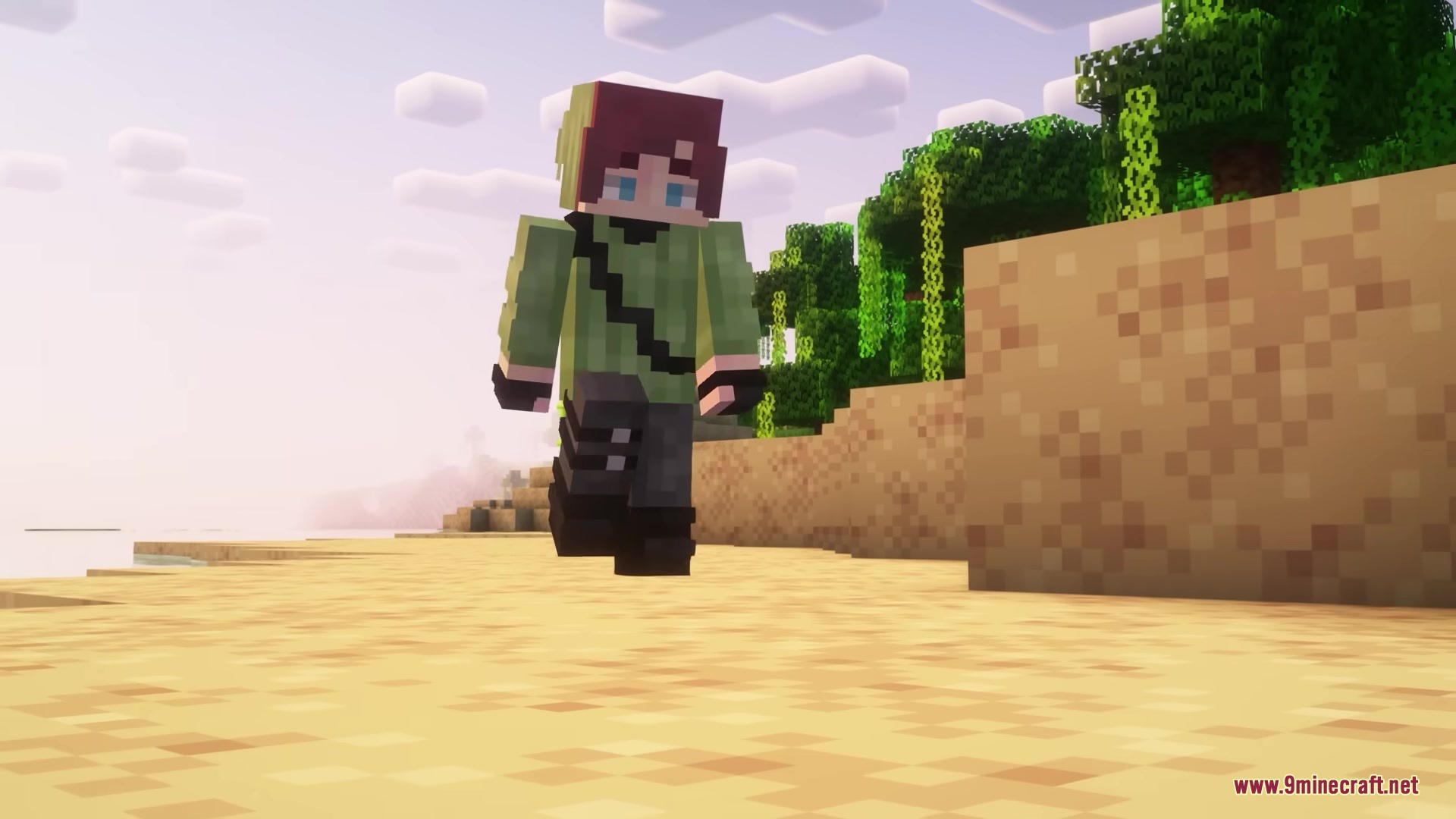 Silly Moves Resource Pack Screenshot 3 A Minecraft character running on a beach with a dynamic leaning movement