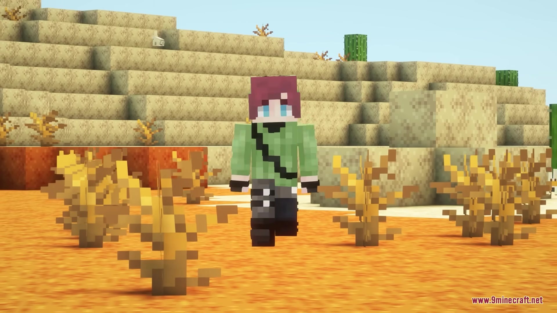 Silly Moves Resource Pack Screenshot 4 A Minecraft character walking through a desert biome with hills and dead bushes
