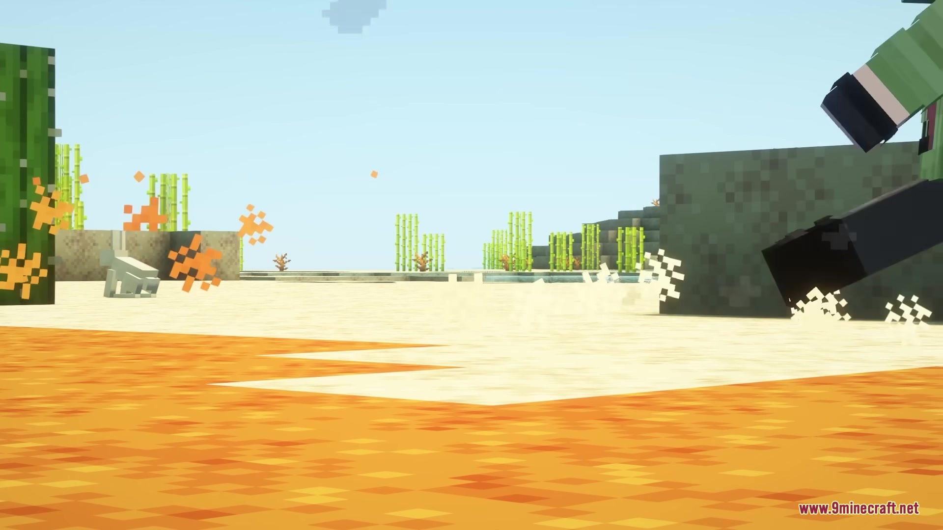 Silly Moves Resource Pack Screenshot 5 A Minecraft character performs a hopping run animation across a sandy desert
