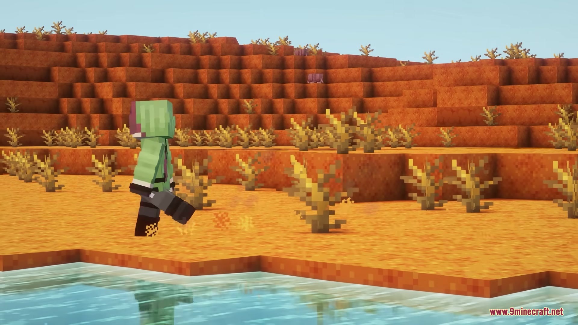 Silly Moves Resource Pack Screenshot 6 A character in green clothing walks past bushes in a red mesa biome