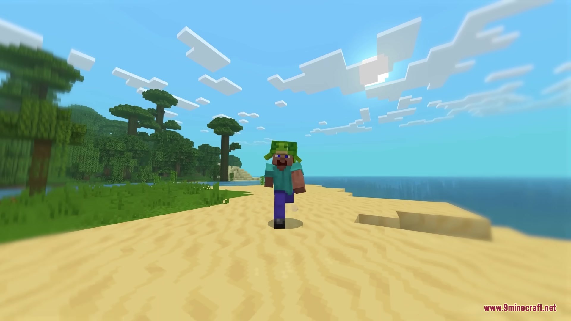 Silly Moves Resource Pack Screenshot 8 Steve performs a playful hopping run animation on a sandy beach