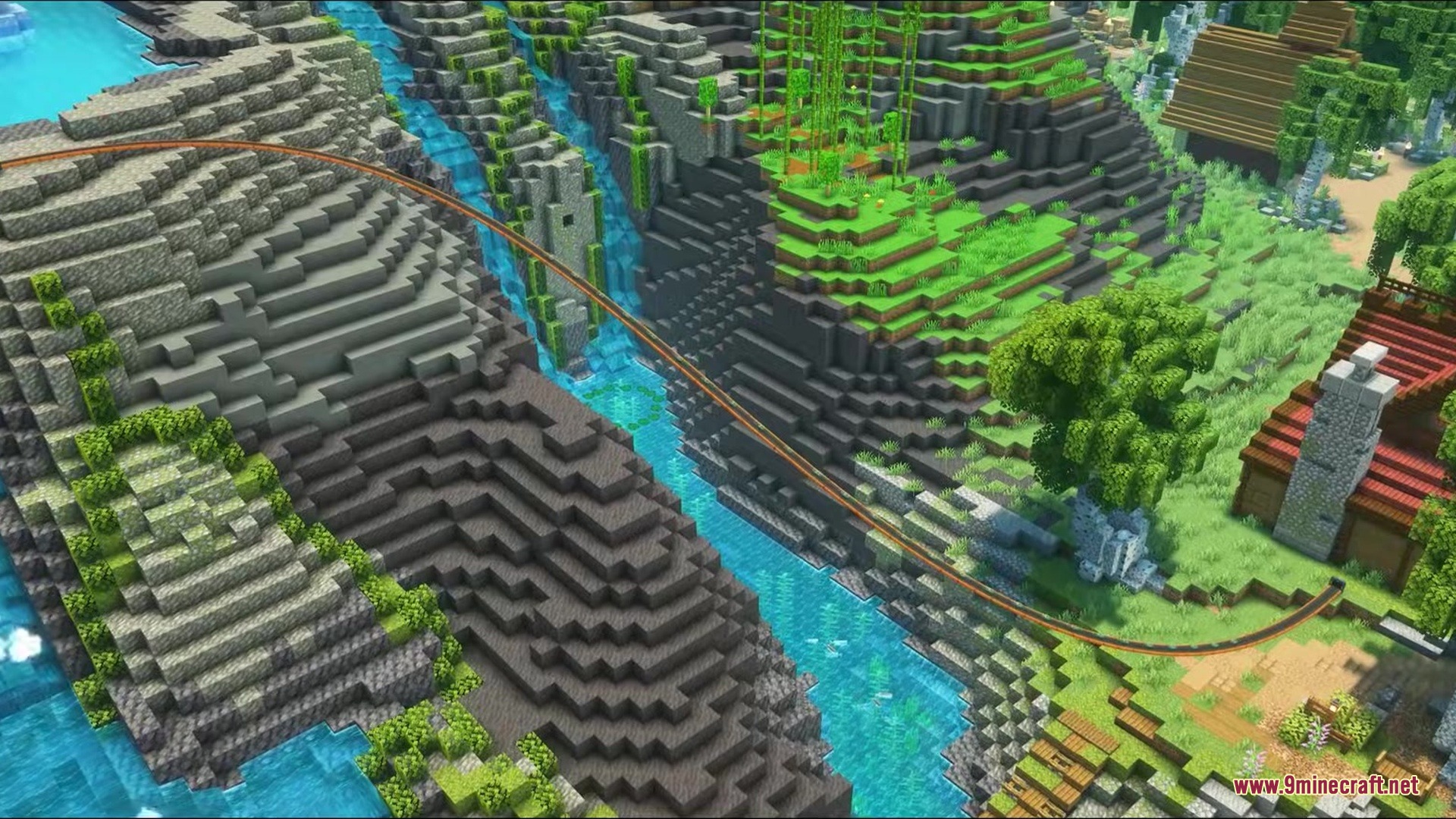 Simple Conveyor Belts Mod Screenshot 10 An orange conveyor belt from Simple Conveyor Belts Mod spans across a river