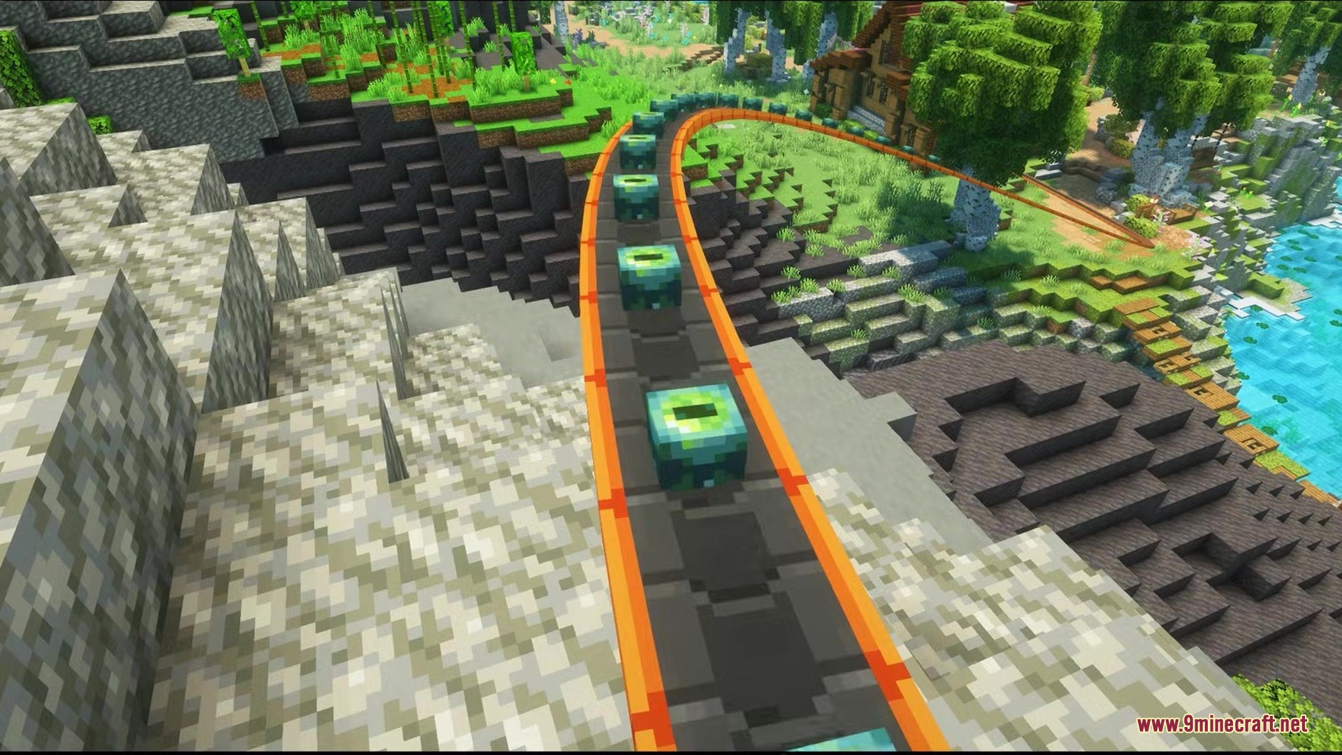 Simple Conveyor Belts Mod Screenshot 11 Ender Eyes traveling along a curved conveyor belt over a scenic mountain landscape