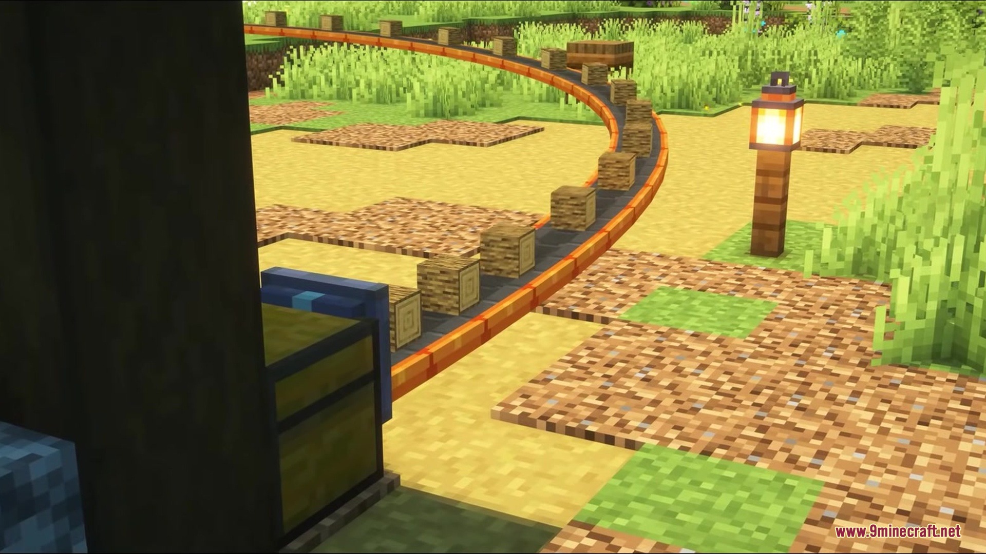 Simple Conveyor Belts Mod Screenshot 12 Wooden planks moving on a bending conveyor belt path near a storage chest