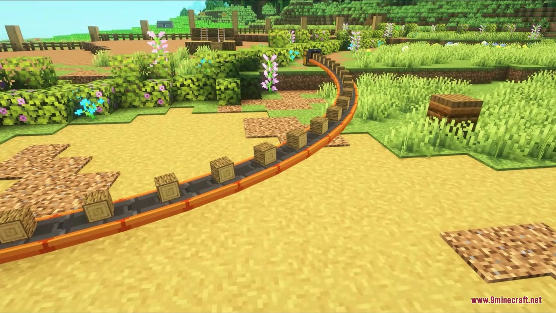 Simple Conveyor Belts Mod Screenshot 13 A curved conveyor belt moving wooden logs across a grassy field in Minecraft