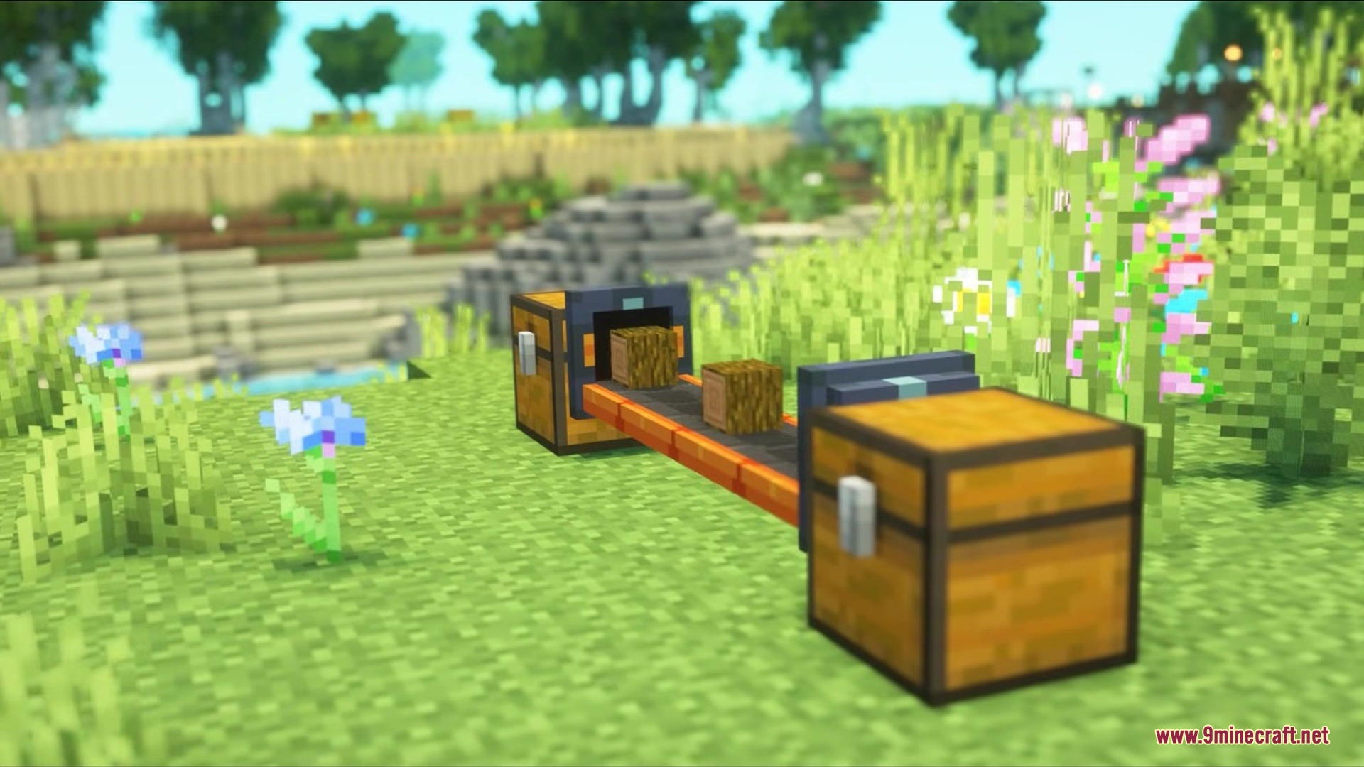 Simple Conveyor Belts Mod Screenshot 5 Simple Conveyor Belts Mod connecting two chests with moving wooden log blocks