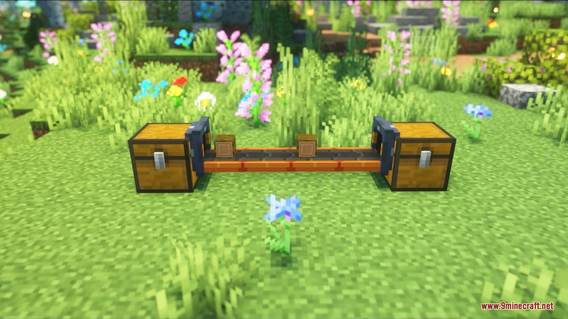 Simple Conveyor Belts Mod Screenshot 6 Wooden items moving on a conveyor belt path between two storage chests