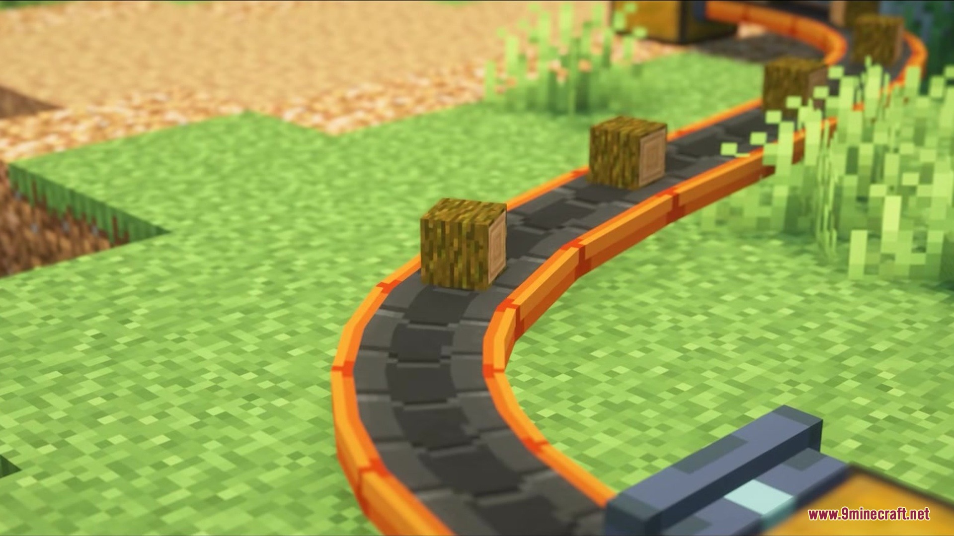Simple Conveyor Belts Mod Screenshot 7 Wooden log items moving along a curved conveyor belt in a field