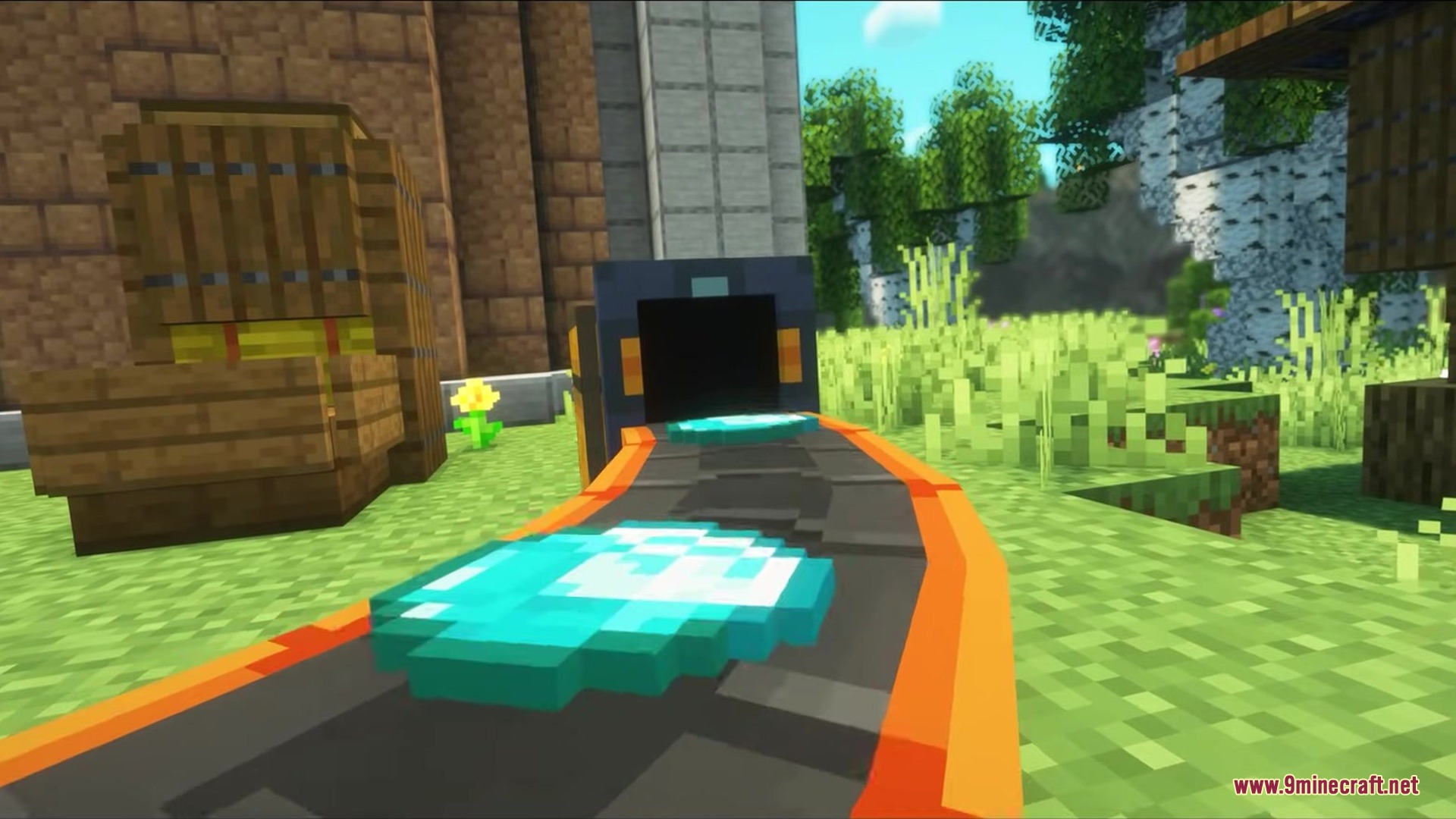 Simple Conveyor Belts Mod Screenshot 8 Diamond items transported on a bending path toward a dark chute entrance