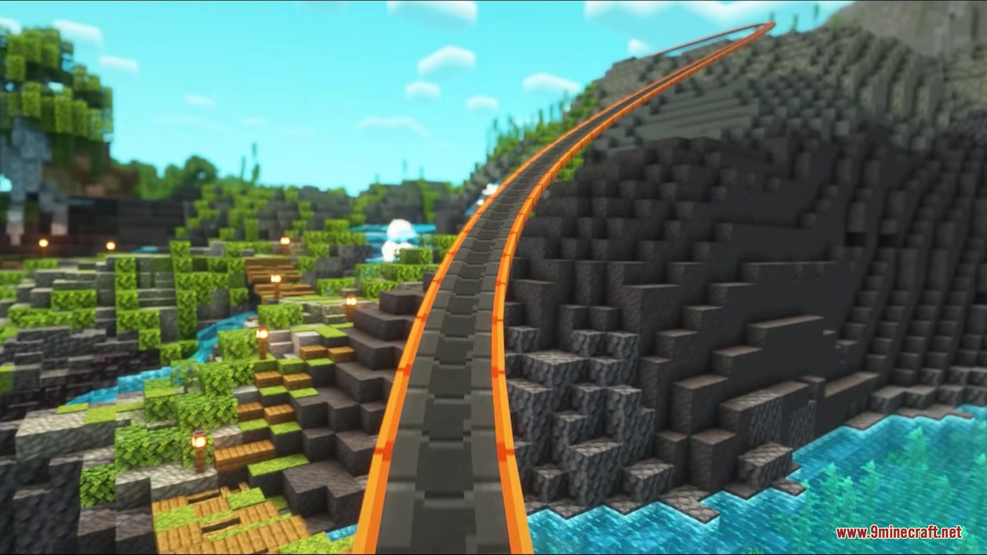 Simple Conveyor Belts Mod Screenshot 9 First person view of an orange conveyor belt curving up a rocky mountain