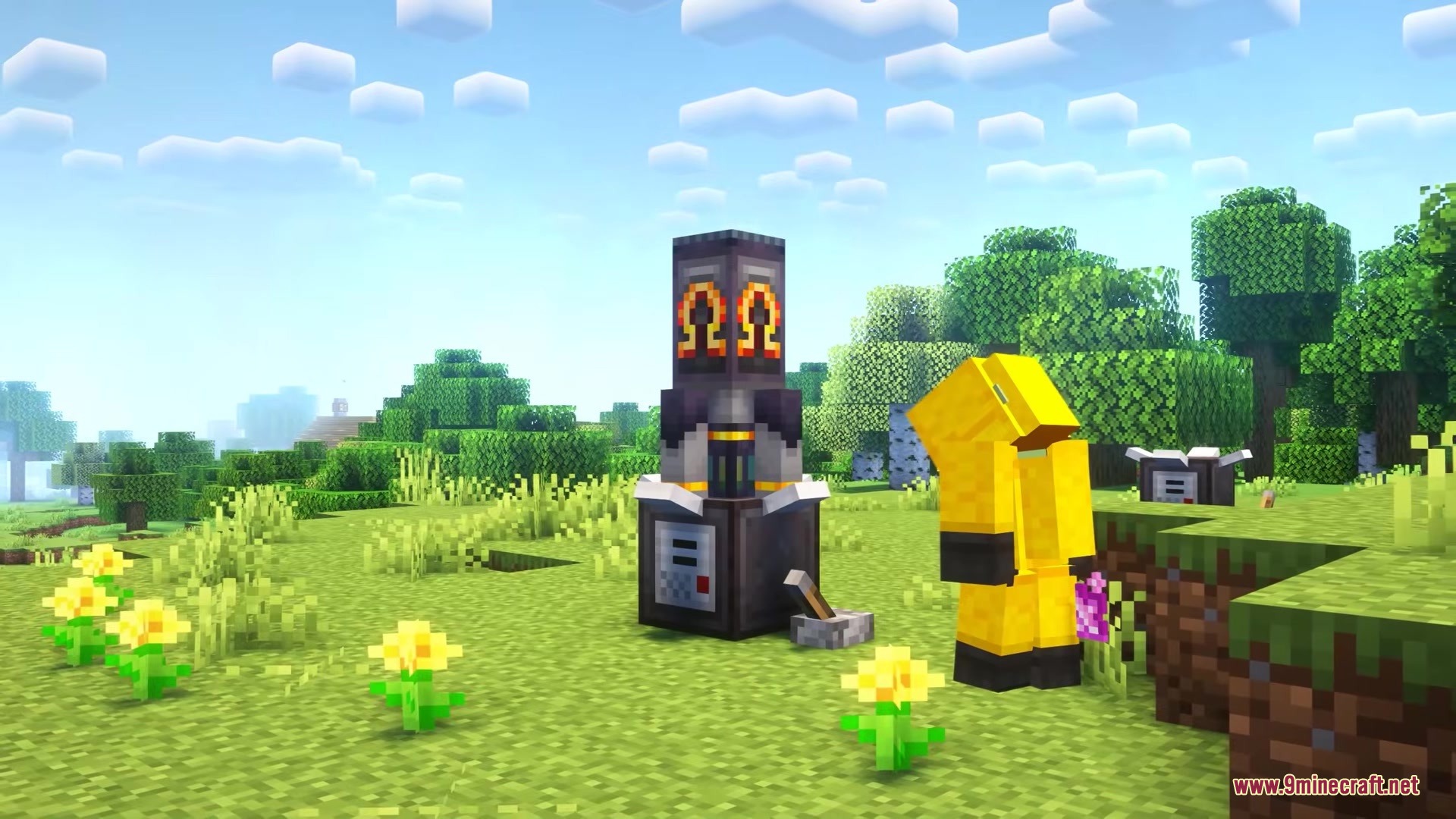 Simple Missles Mod Screenshot 2 Player in a yellow hazmat suit prepares an Omega missile for launch