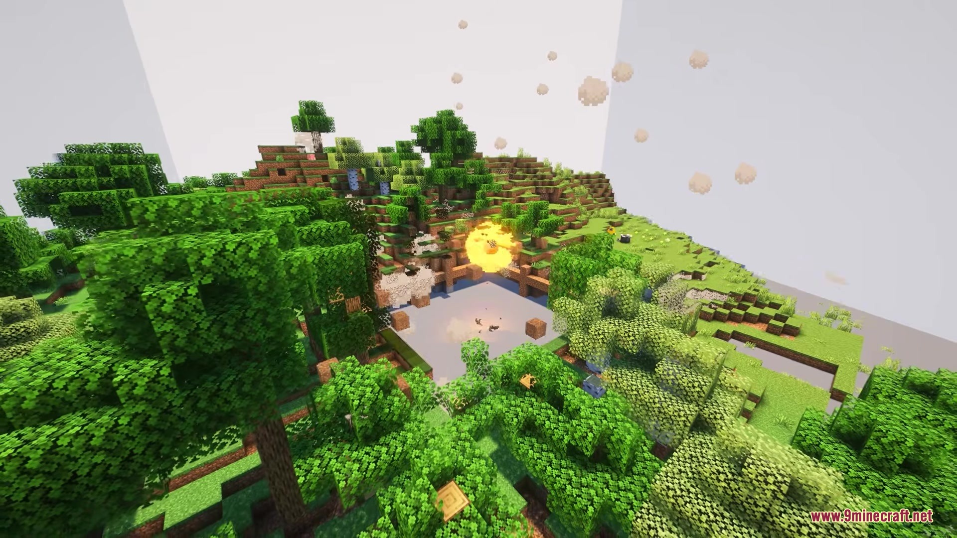 Simple Missles Mod Screenshot 3 Blocks fly into the air during a powerful missile explosion in Minecraft