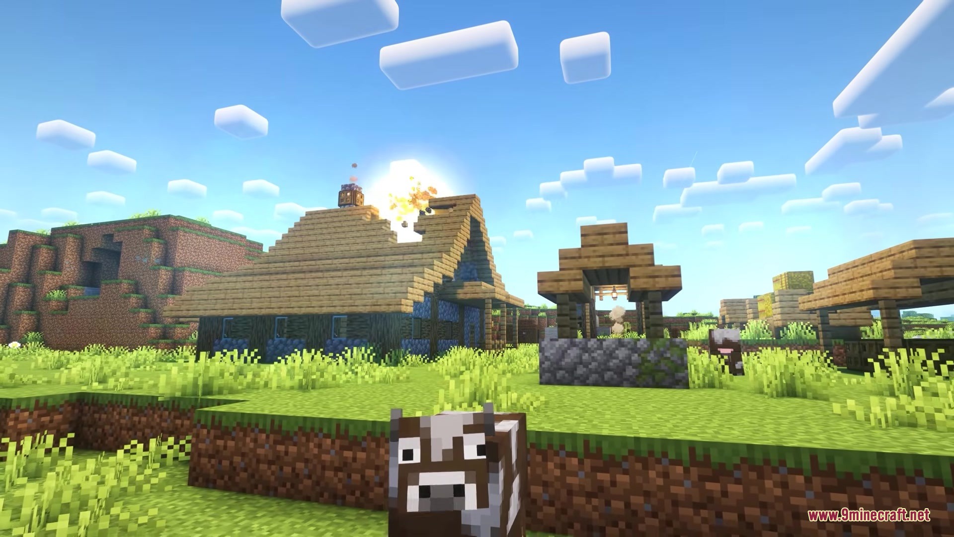 Simple Missles Mod Screenshot 6 A missile explodes on the roof of a village house near a cow