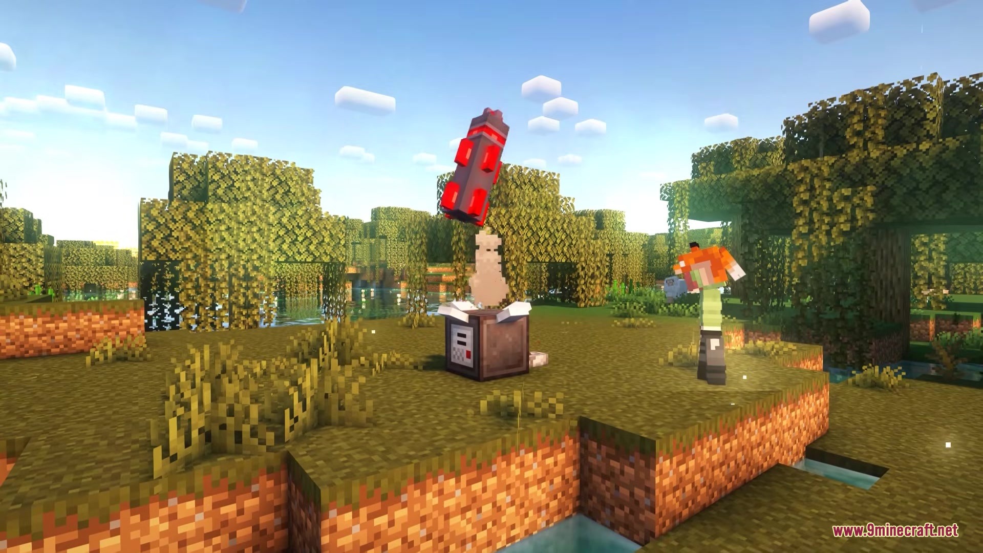 Simple Missles Mod Screenshot 8 A red missile launching from a pad while a player watches nearby