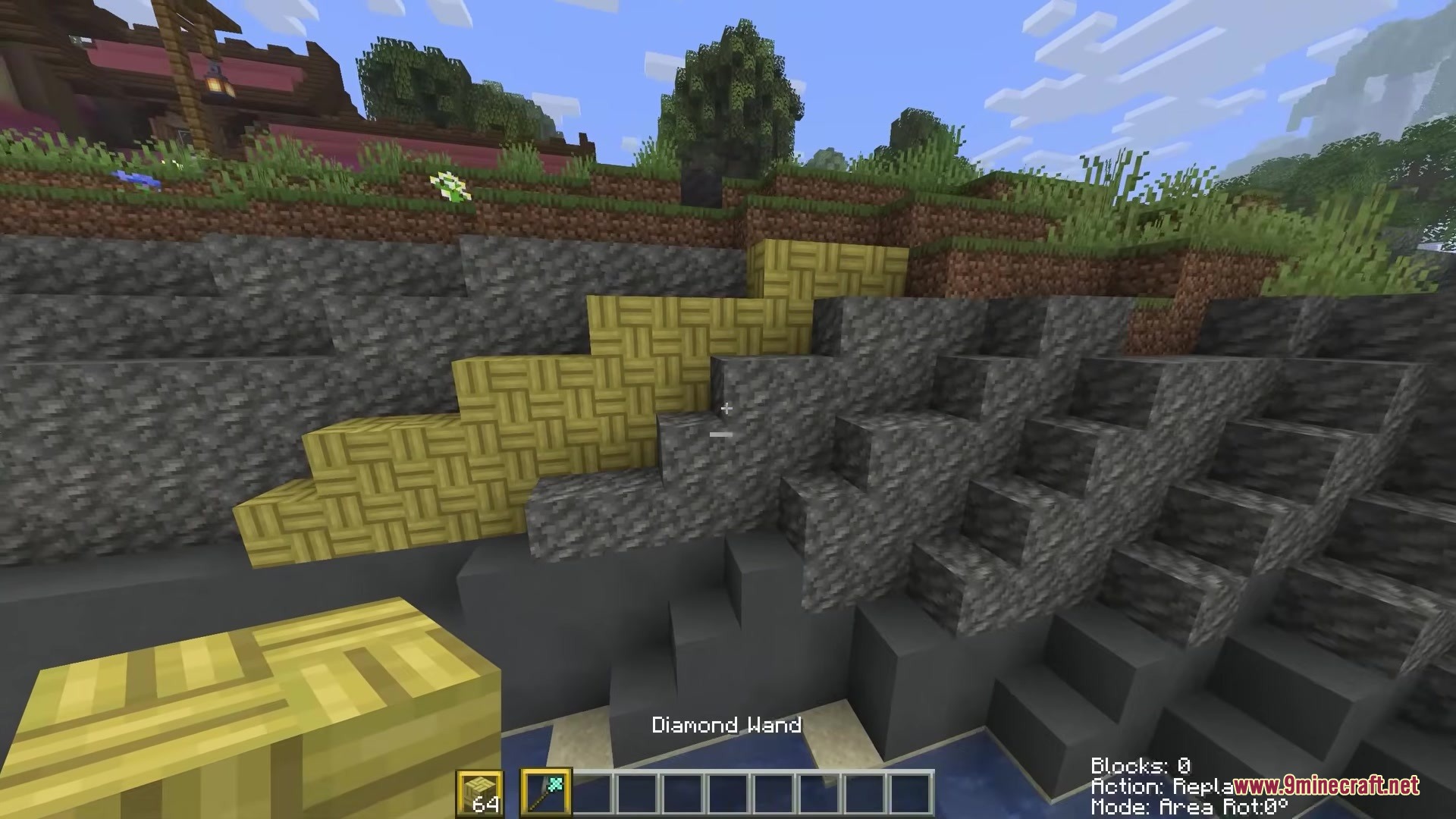 Simpleswap Mod Screenshot 1 A player replaces stone blocks with yellow patterned blocks using the Simpleswap Mod