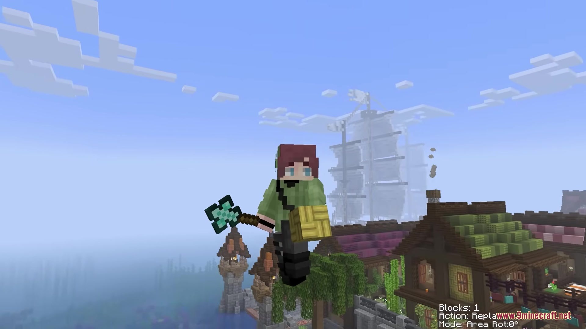 Simpleswap Mod Screenshot 2 Minecraft character holding a Diamond Wand and a yellow patterned block in the sky