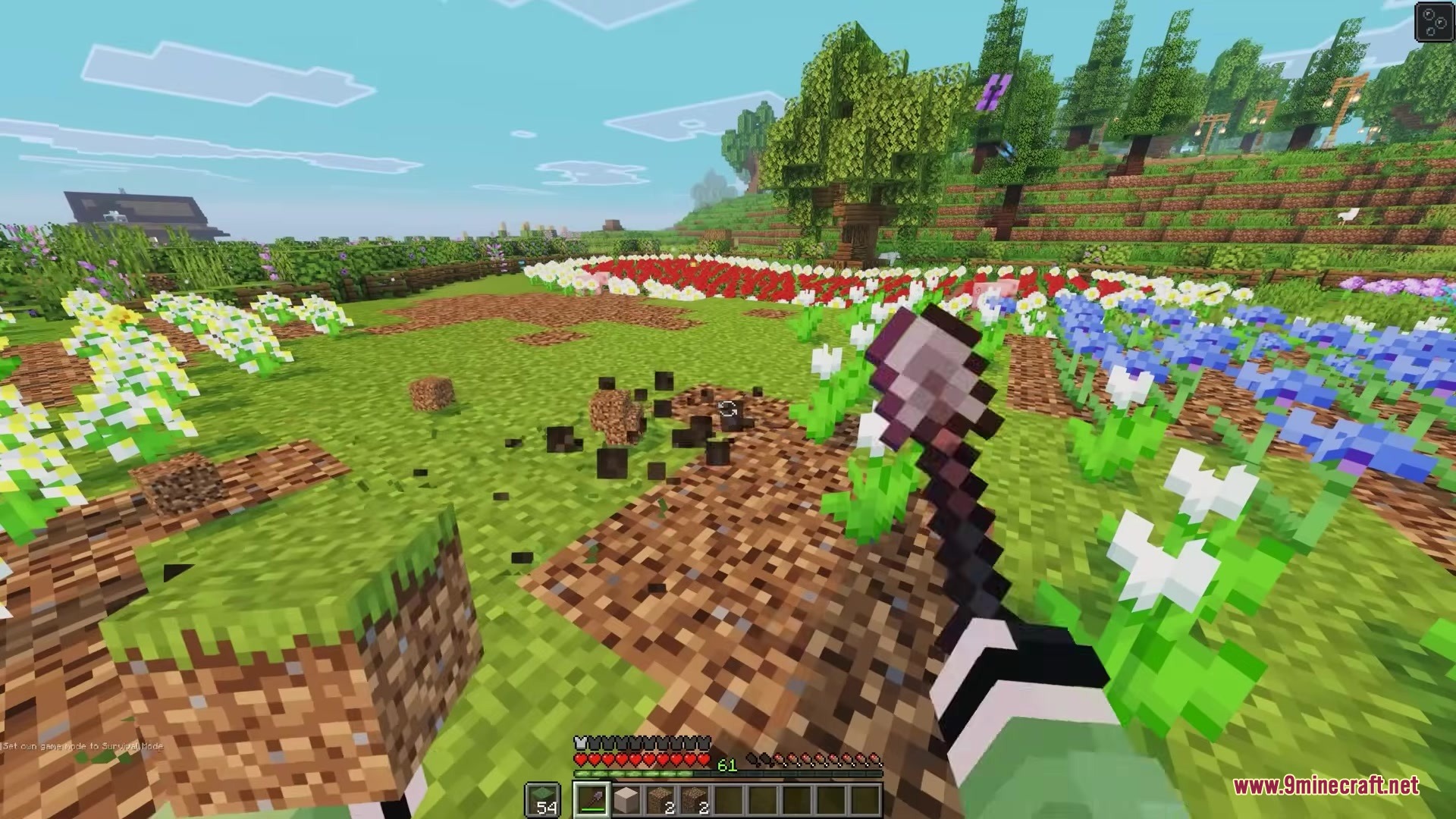 Simpleswap Mod Screenshot 3 Minecraft player using a shovel to swap dirt blocks in a flower field