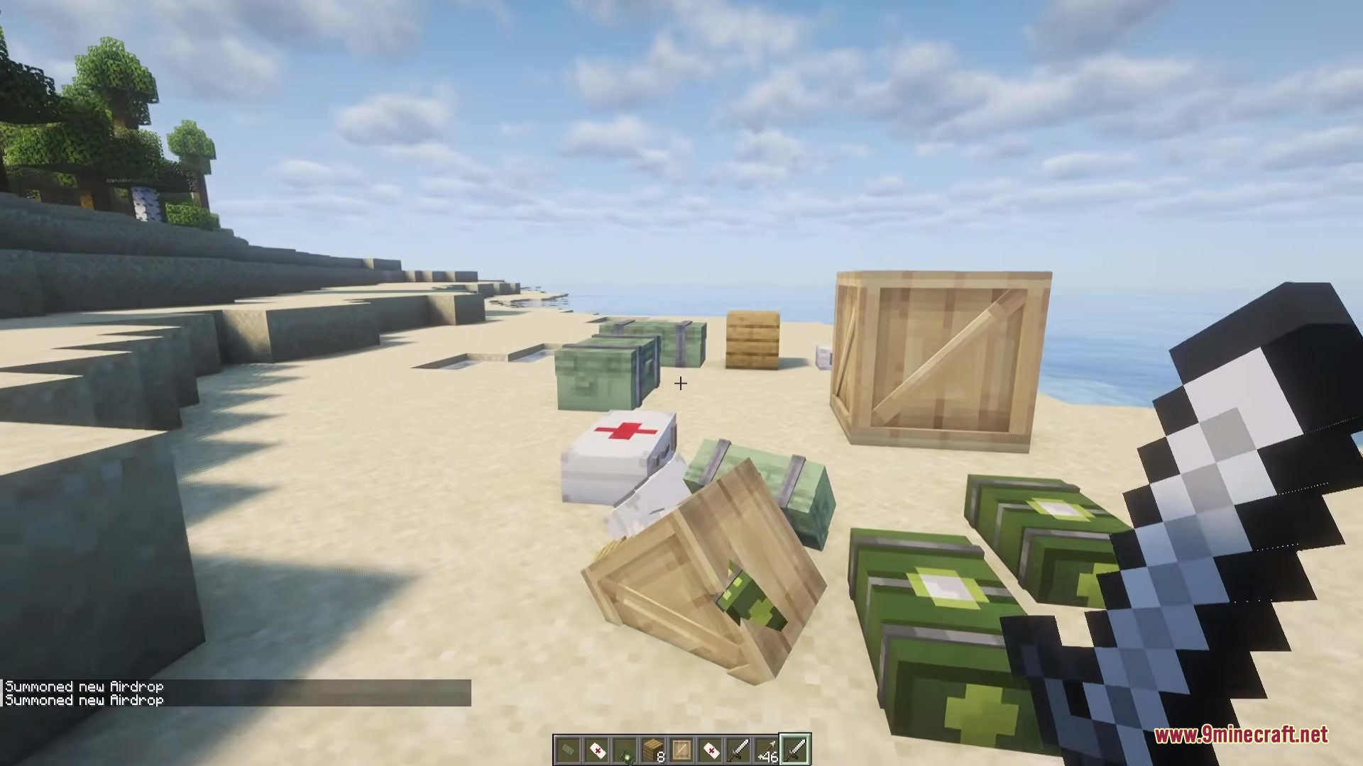 Simply Airdrops Mod Screenshot 6 Multiple supply crates and medical boxes scattered across the sandy shore